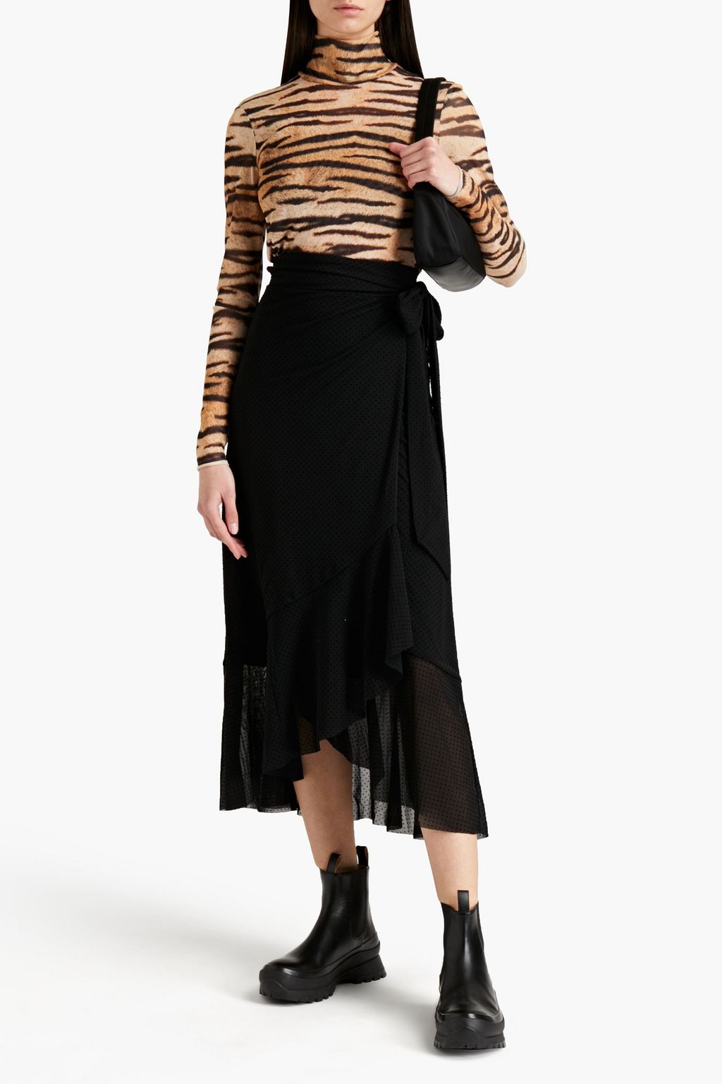 GANNI Flocked mesh midi wrap skirt