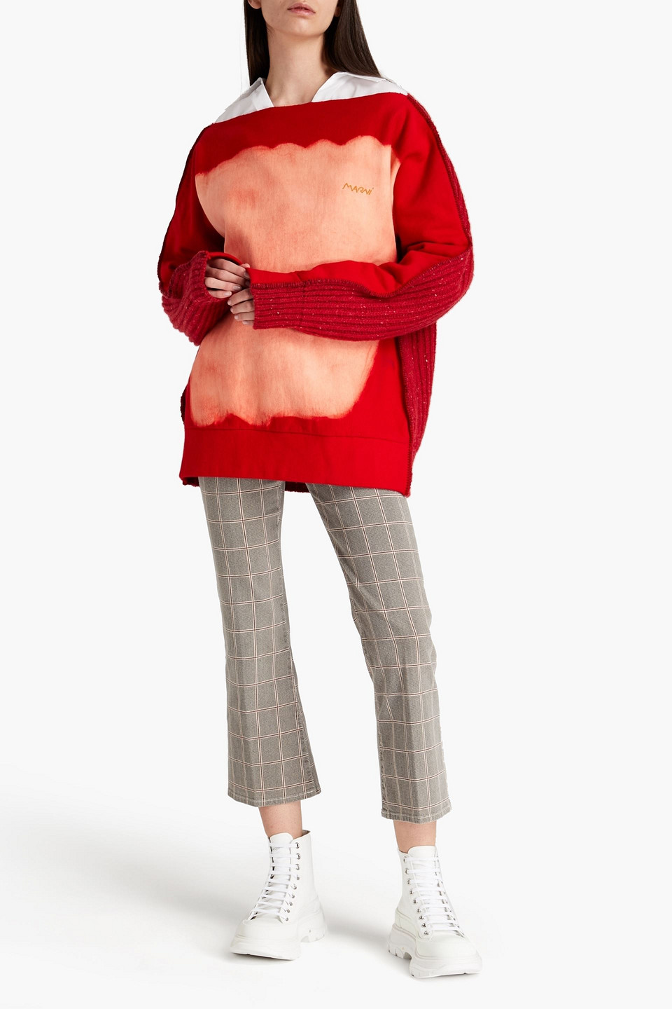 Marni Printed French Cotton Terry-paneled Ribbed Wool Jumper In Red