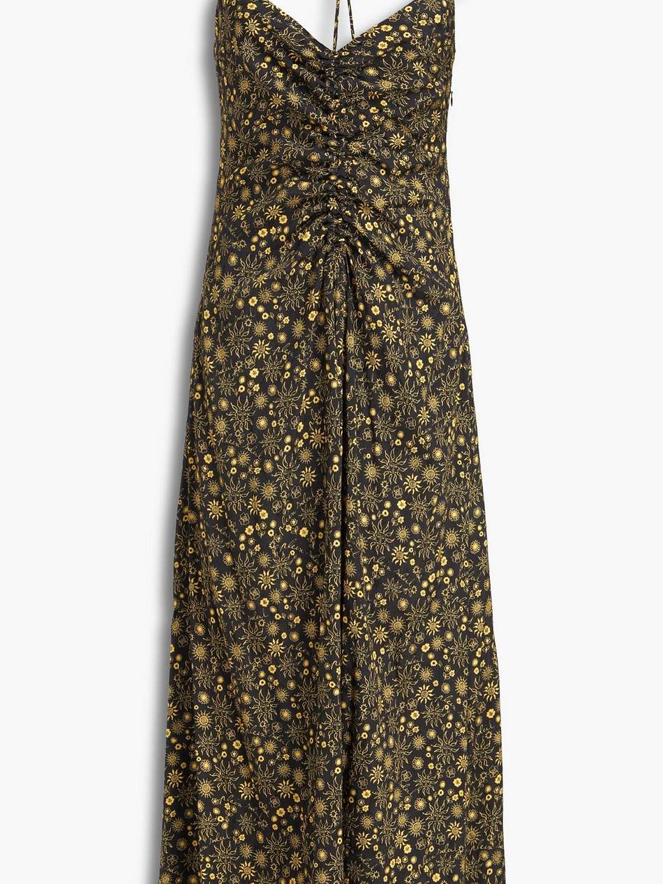 ruched printed jacquard midi dress