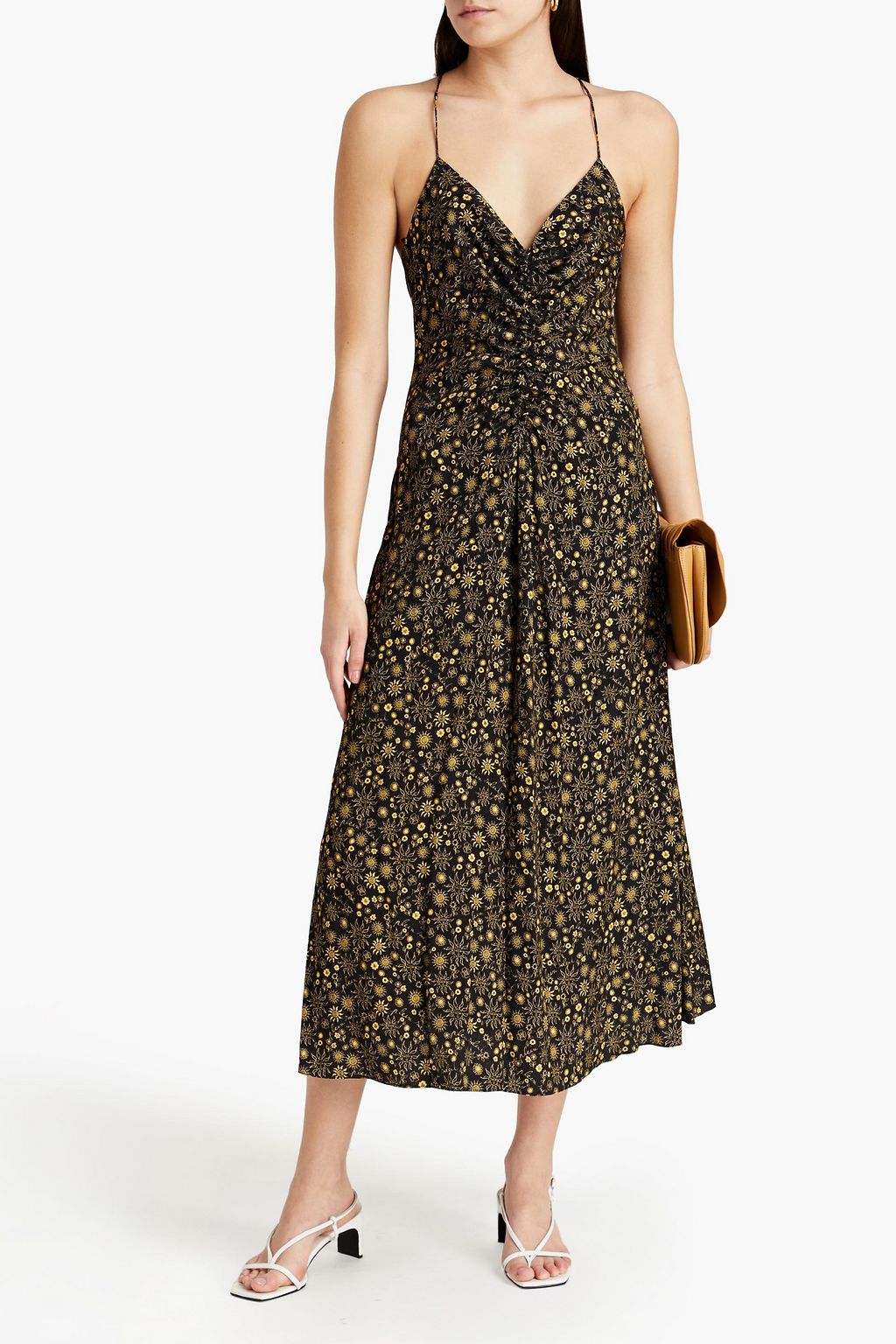 Ruched printed jacquard midi dress black FR 34