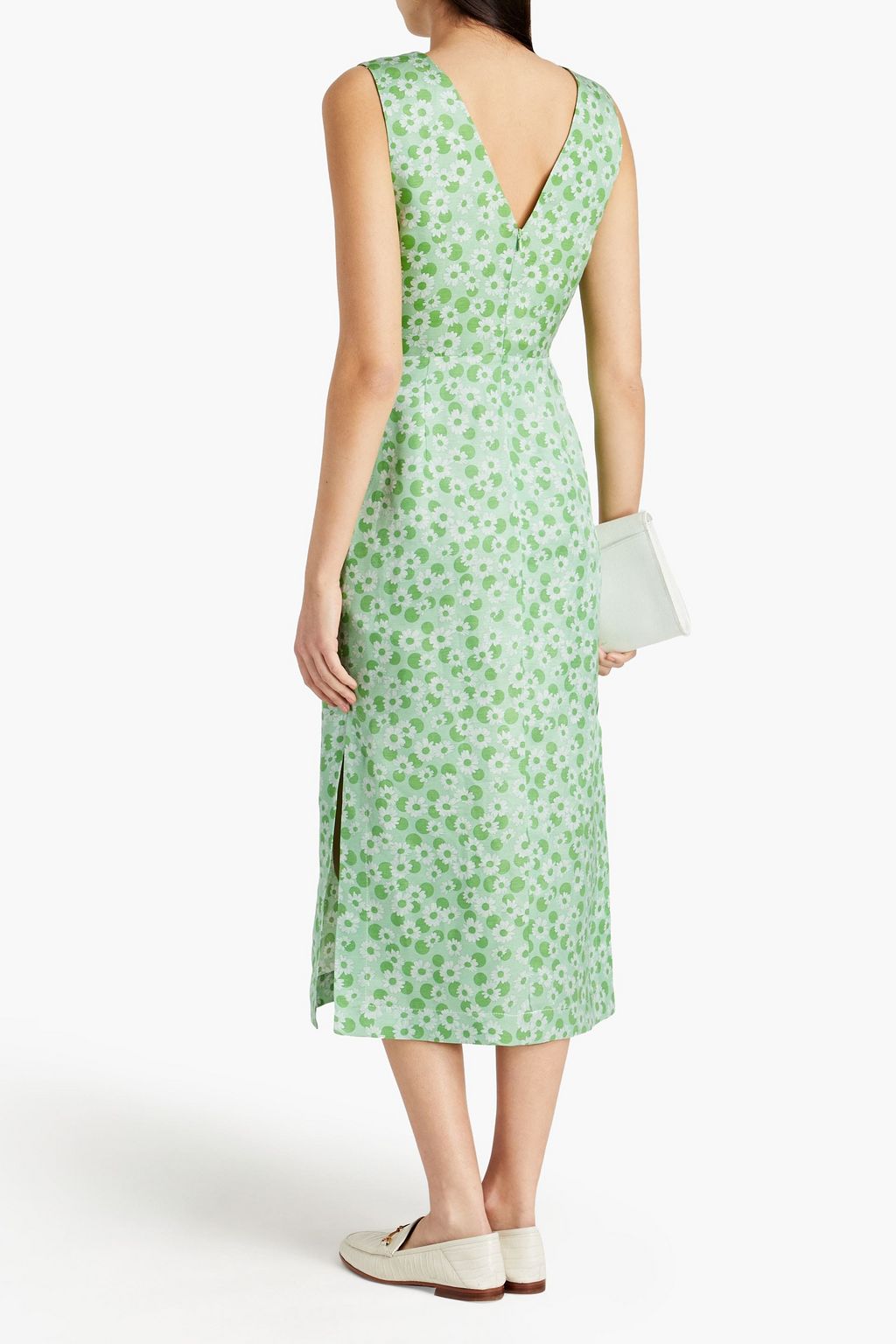 SANDRO Ashley cutout printed linen and silk-blend midi dress