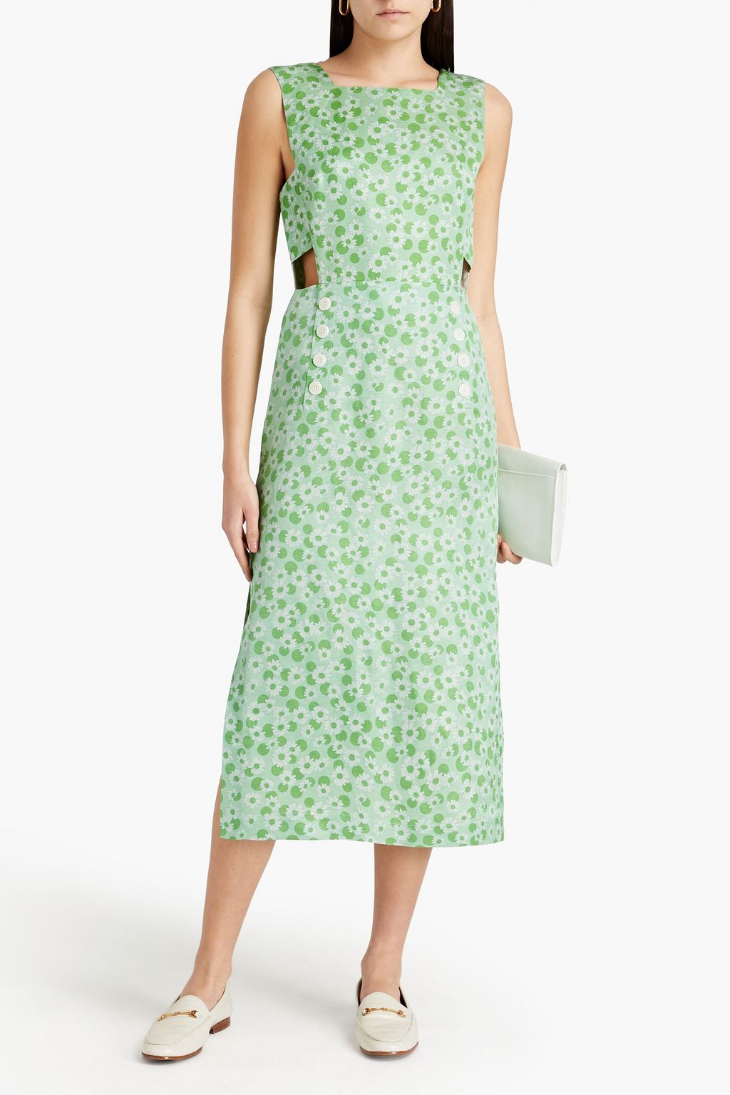 SANDRO Ashley cutout printed linen and silk-blend midi dress