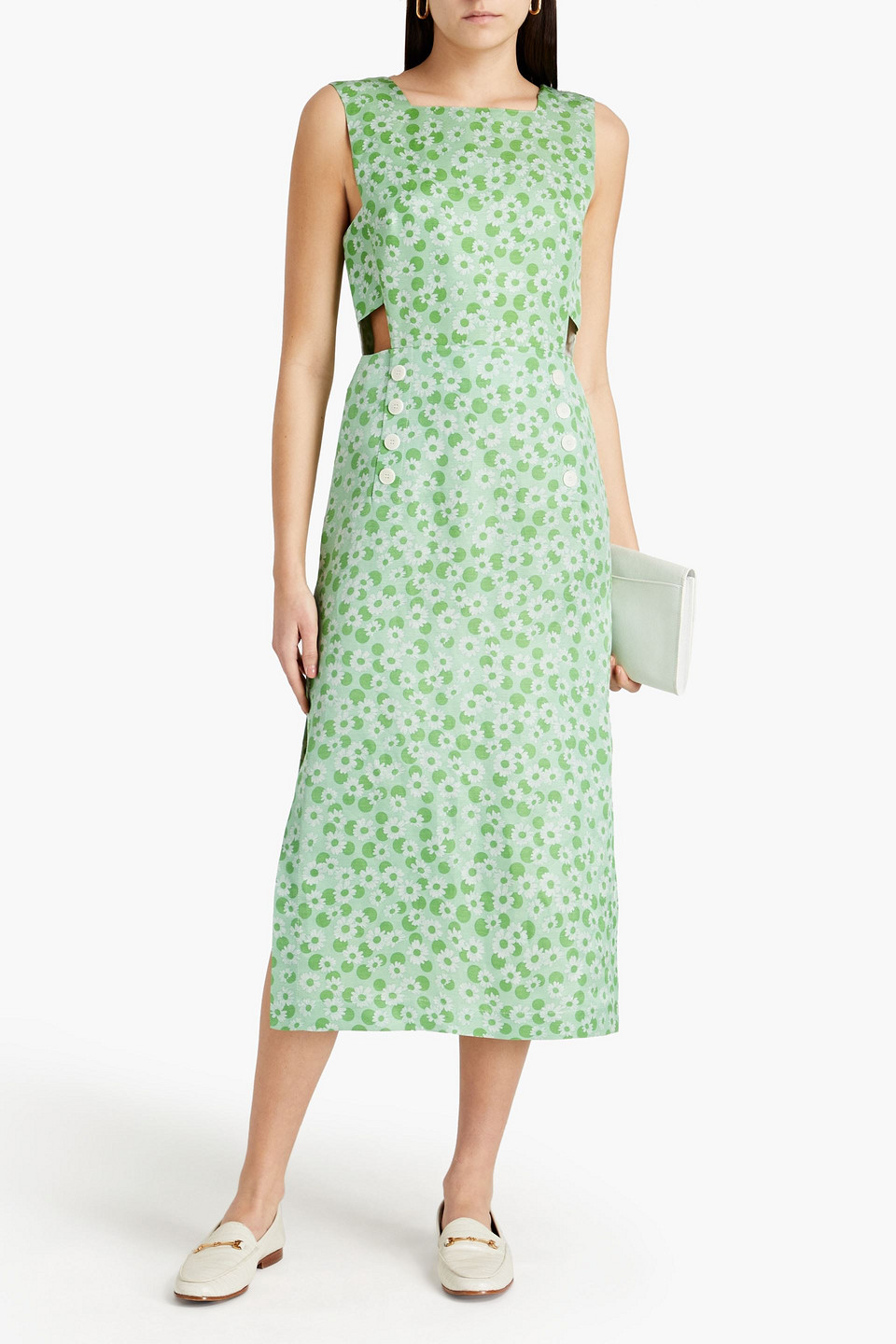 Sandro Ashley Cutout Printed Linen And Silk-blend Midi Dress In Green