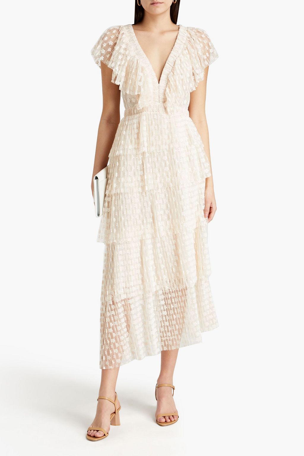 SANDRO Bianca embroidered tiered tulle midi dress