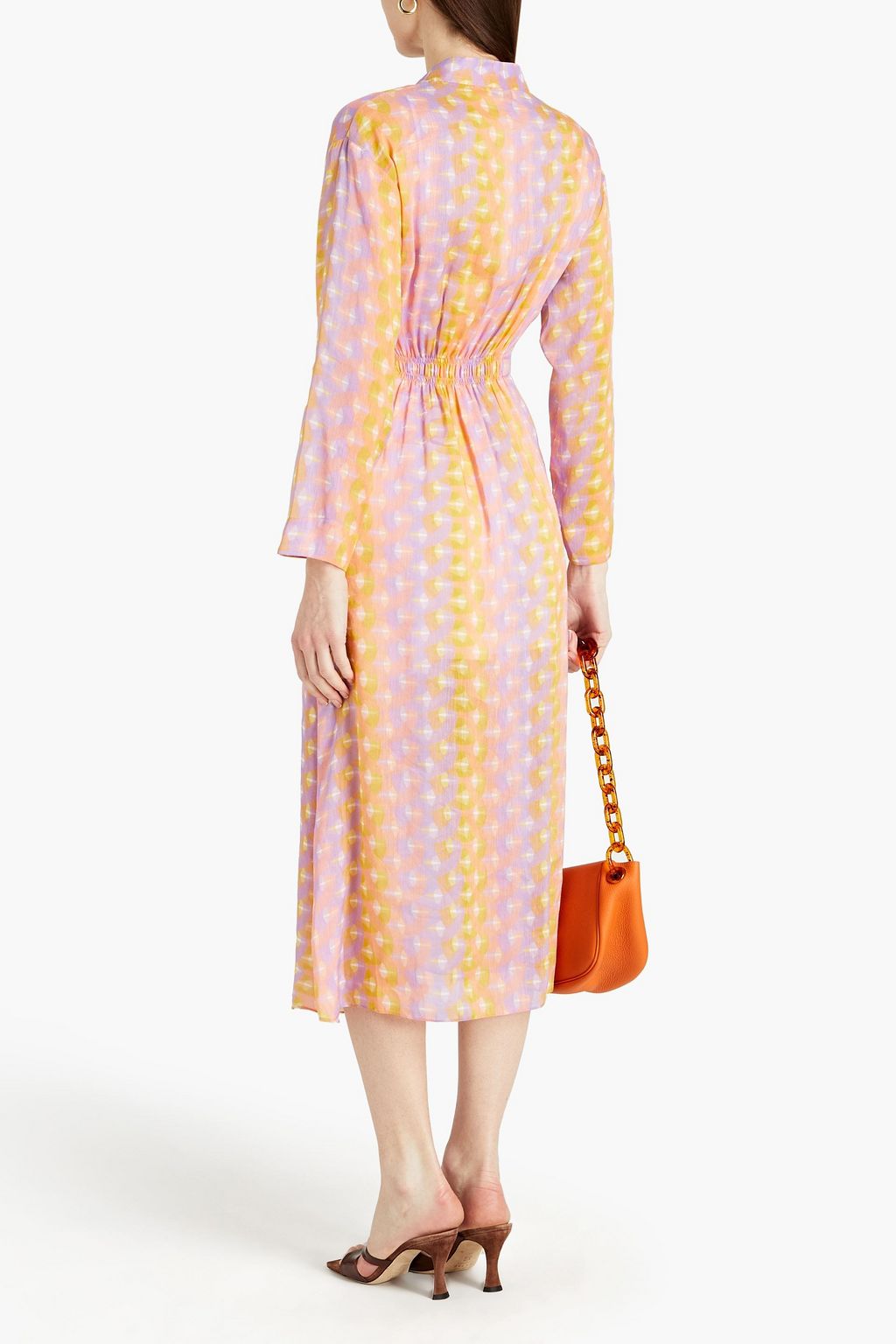 SANDRO Eliane ruched printed linen and silk-blend mousseline midi dress