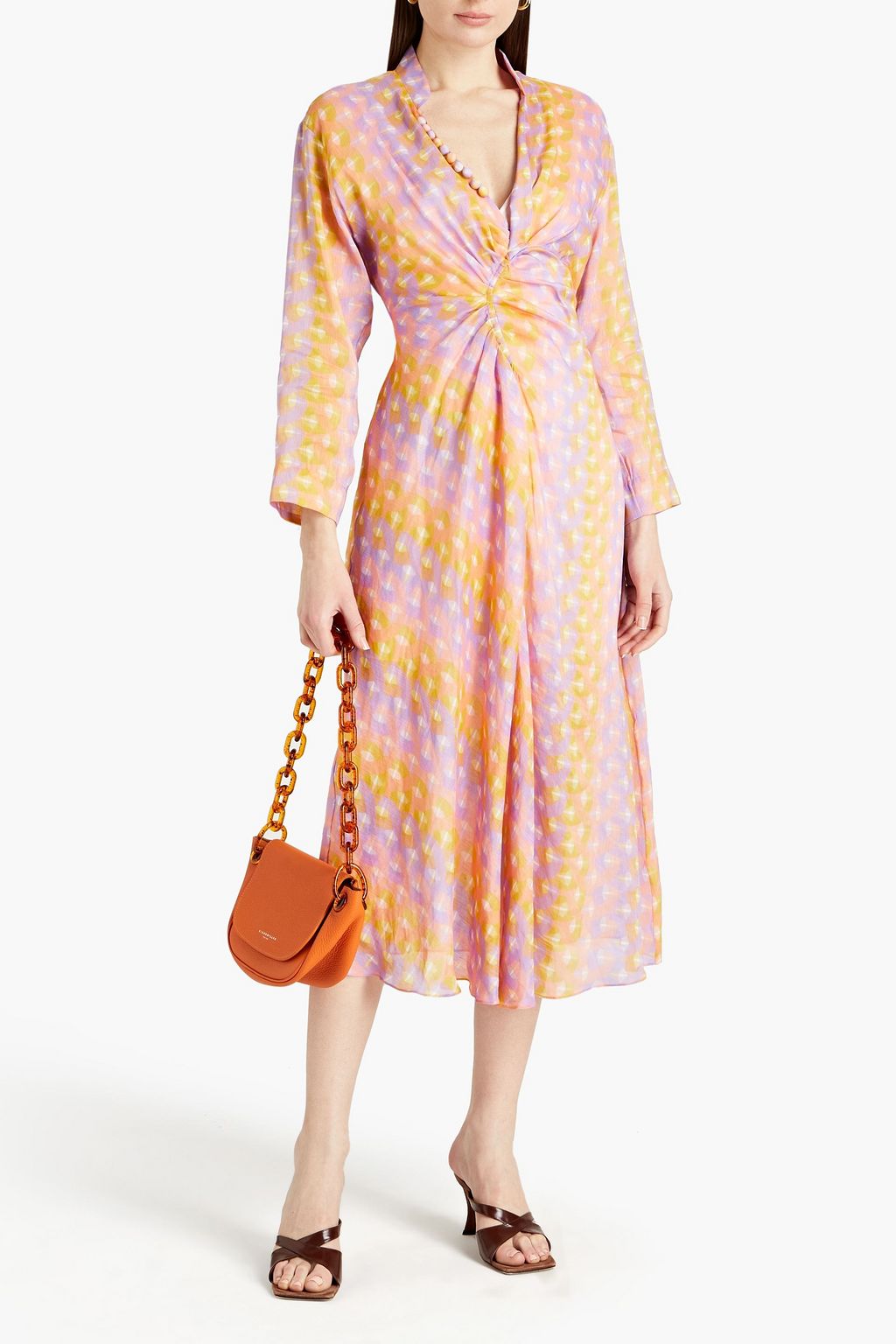 SANDRO Eliane ruched printed linen and silk-blend mousseline midi dress
