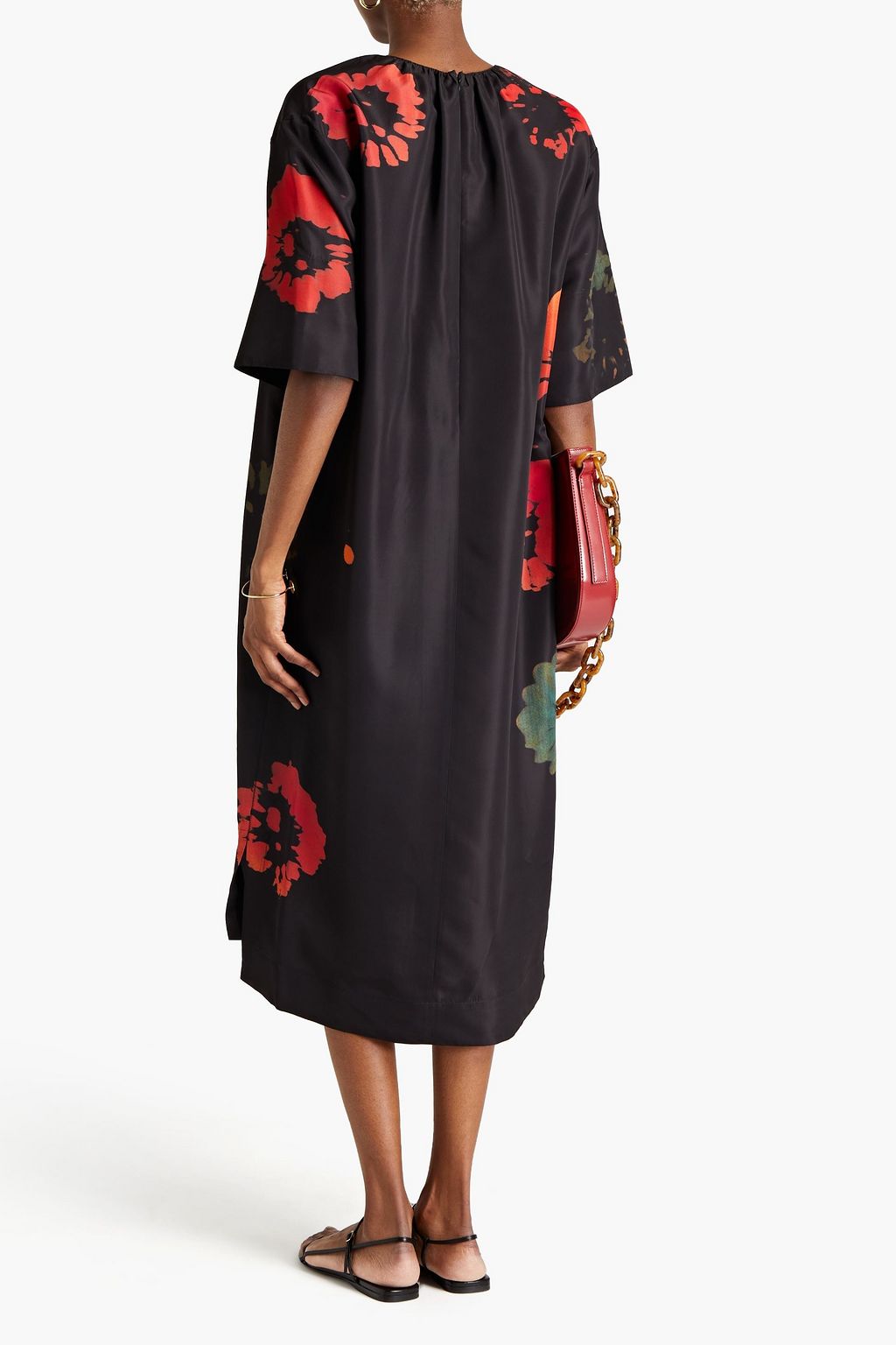 MARNI Gathered floral-print shell midi dress