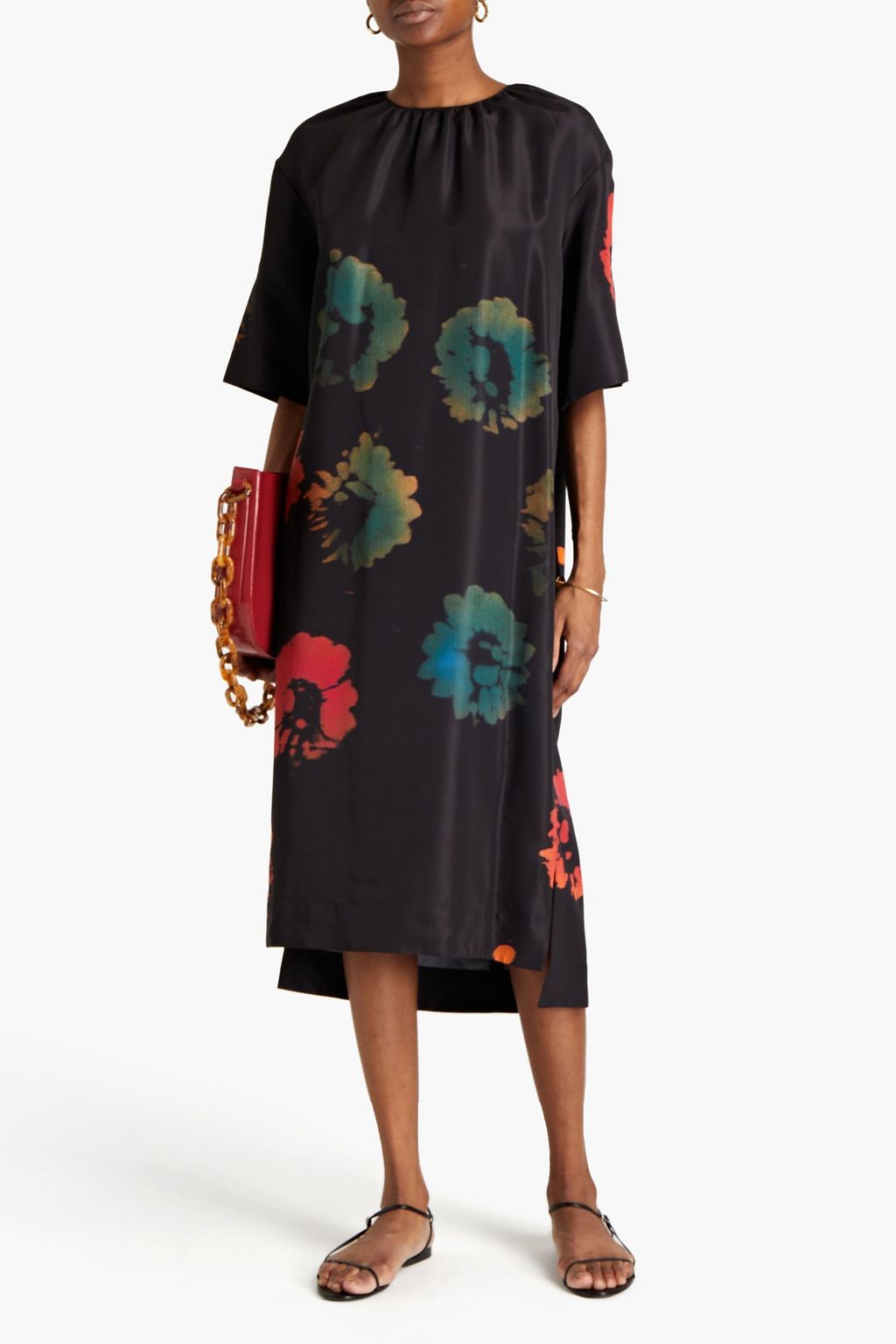 MARNI Gathered floral-print shell midi dress