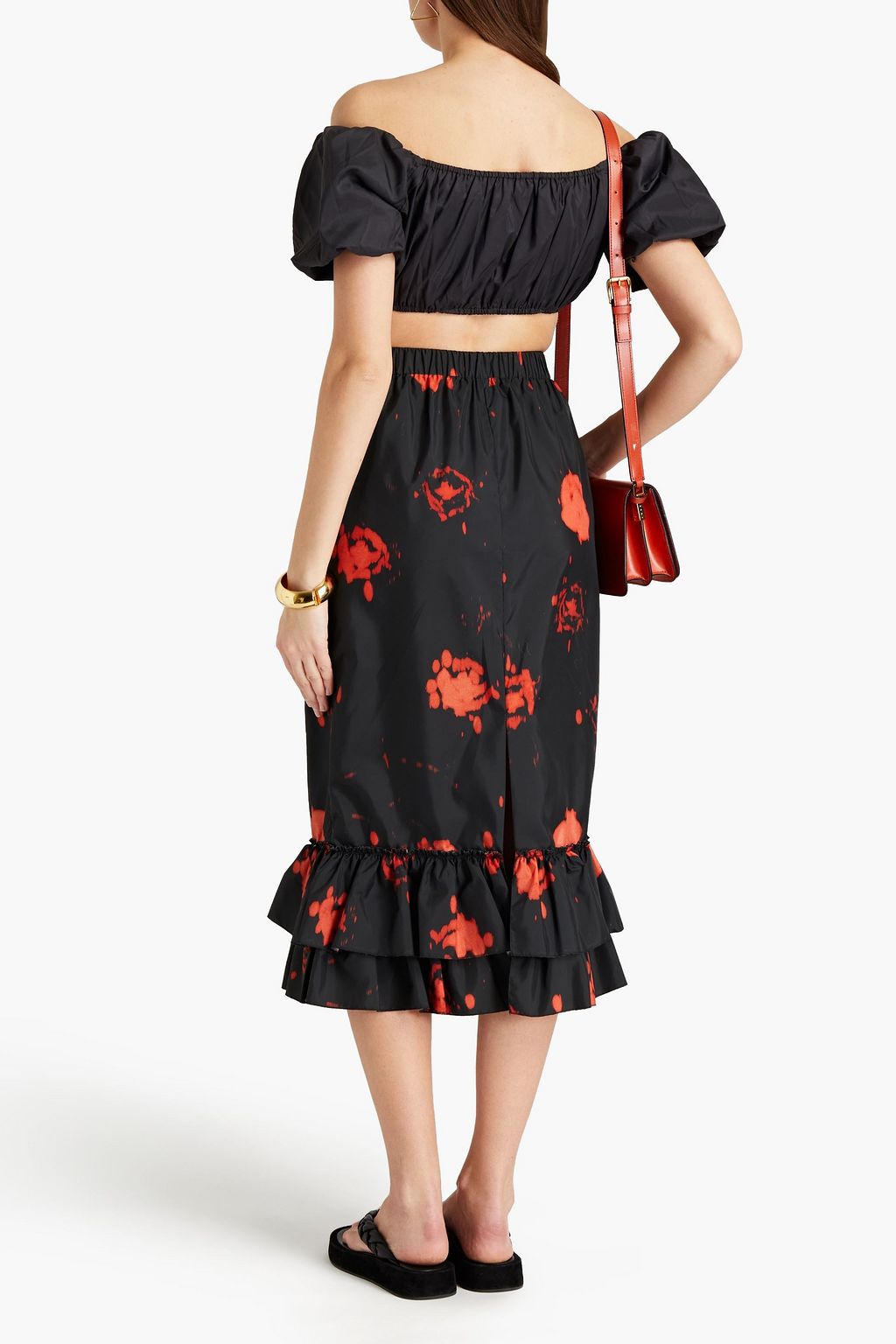 MARNI Tiered floral-print shell midi skirt