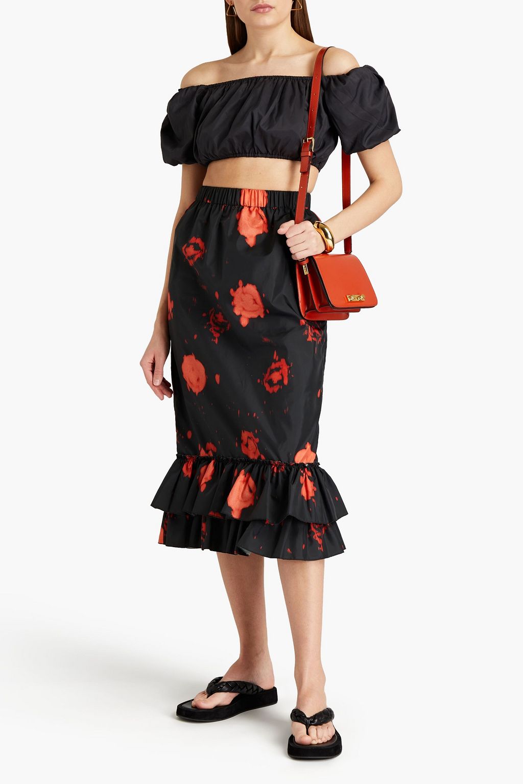 MARNI Tiered floral-print shell midi skirt