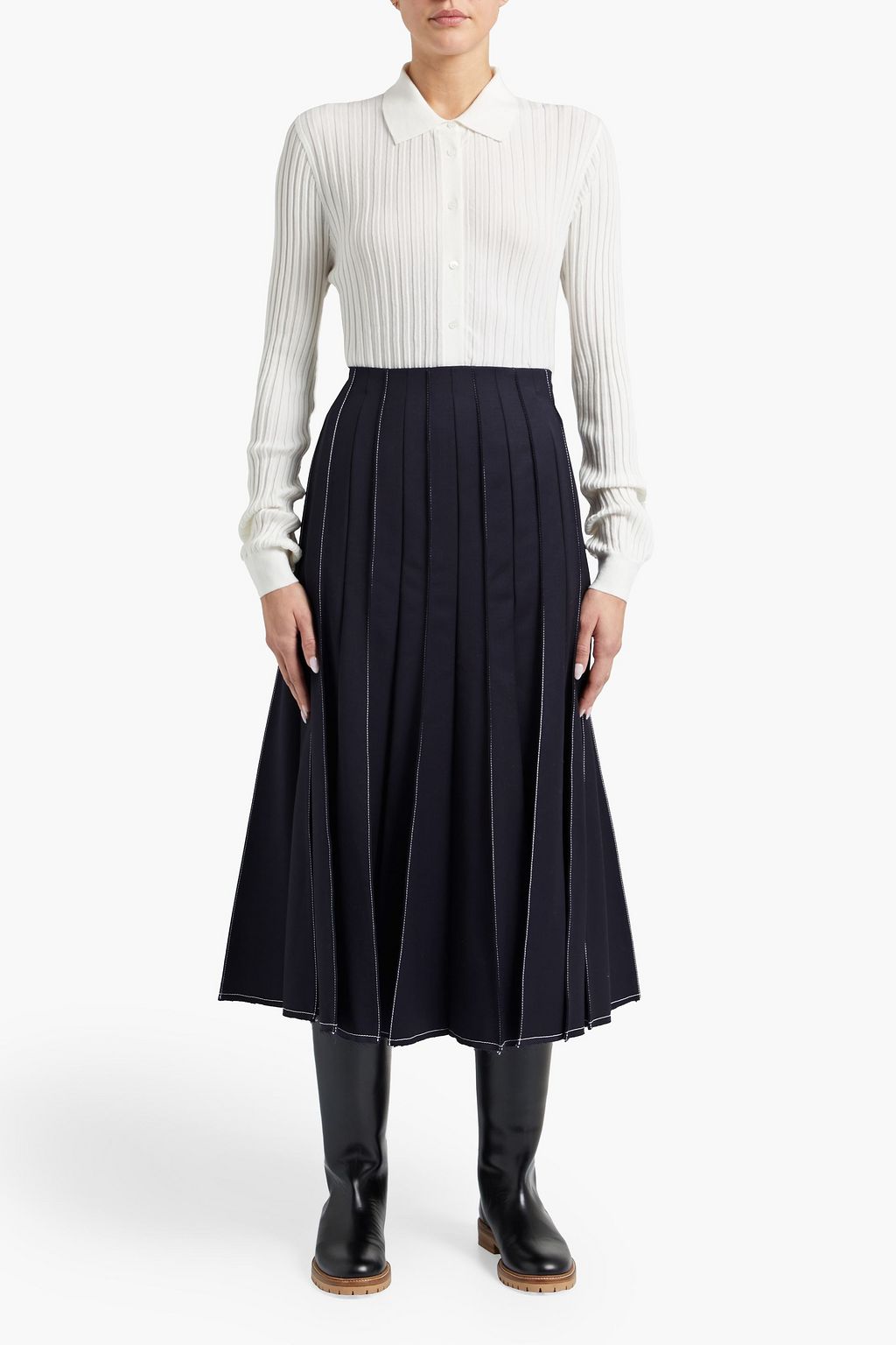 GABRIELA HEARST Ernst pleated topstitched wool-blend midi skirt