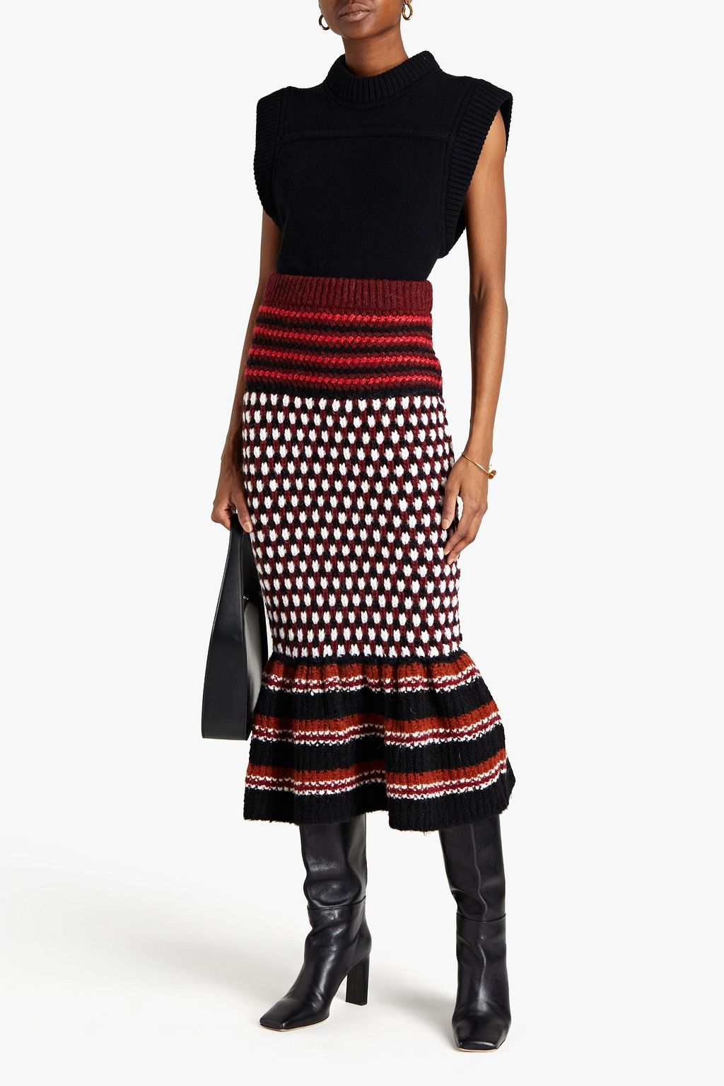 MARNI Fluted jacquard-knit and striped knitted midi skirt