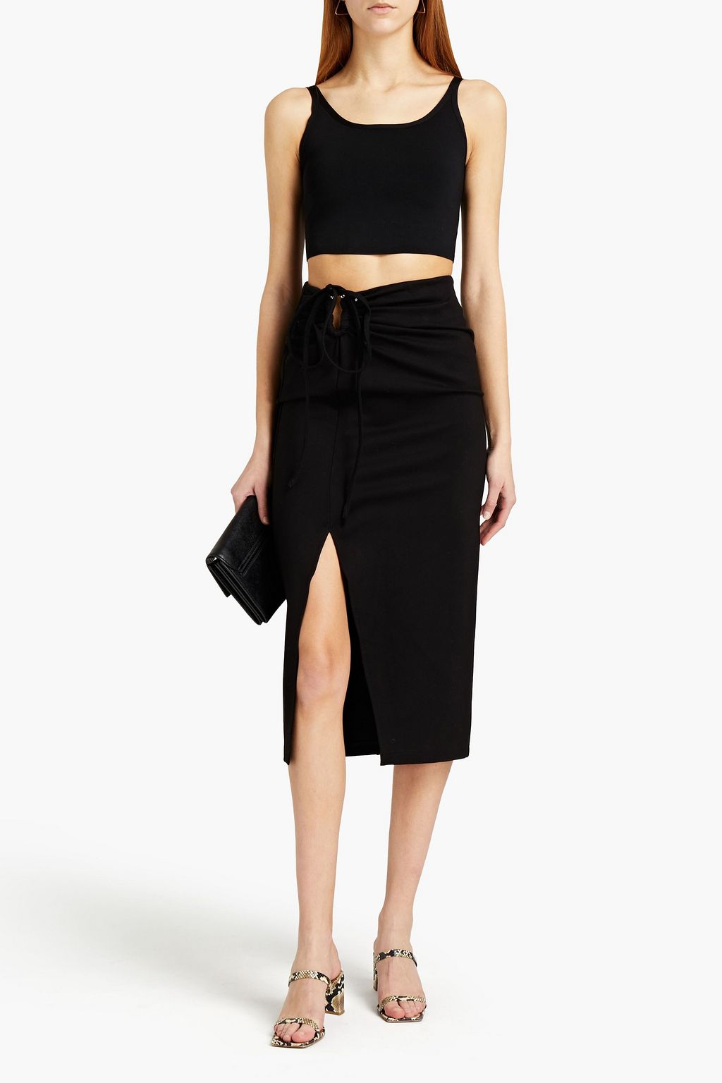 NICHOLAS Tie-front ruched scuba midi skirt