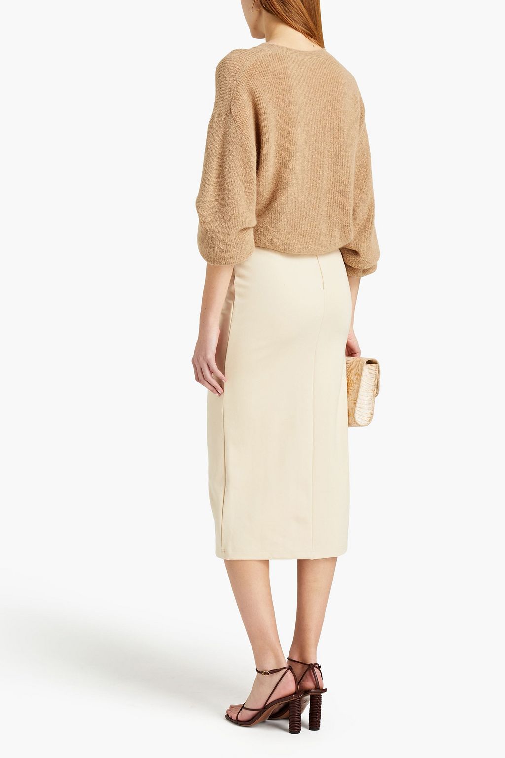 NICHOLAS Tie-front ruched scuba midi skirt