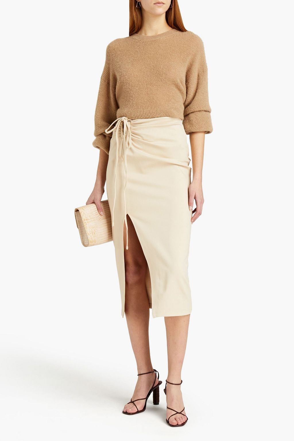NICHOLAS Tie-front ruched scuba midi skirt
