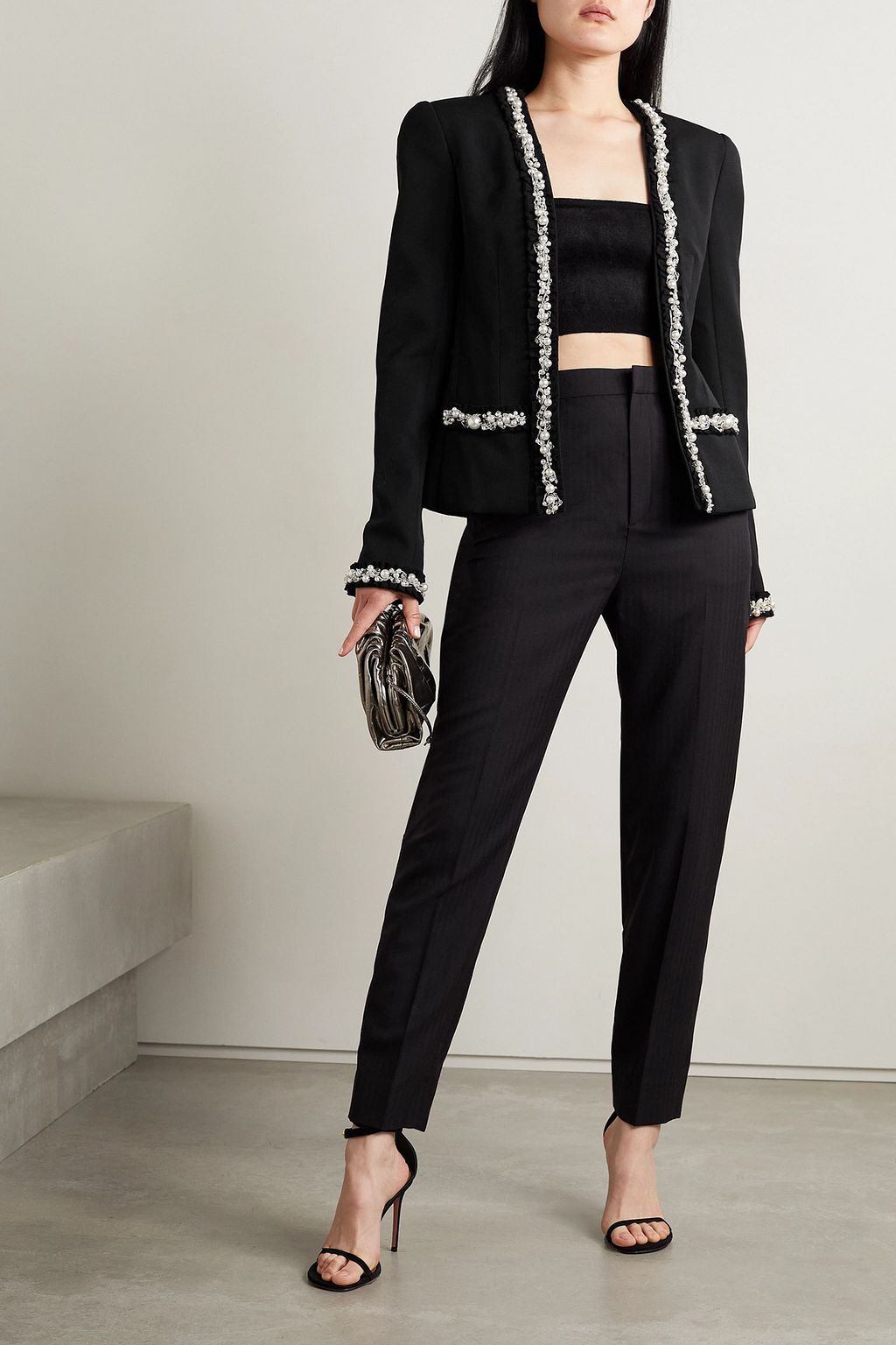 BALMAIN بليزر من قطن وصوف بحواف من التول مزخرف