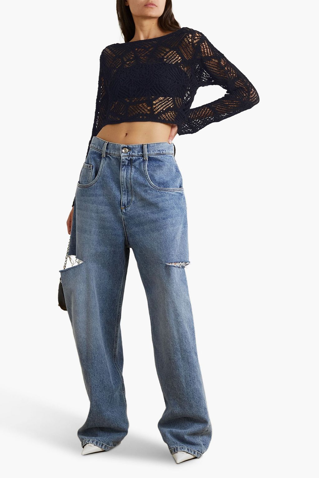 BALMAIN كنزة رياضية قصيرة من مزيج صوف بحبكة كروشيه