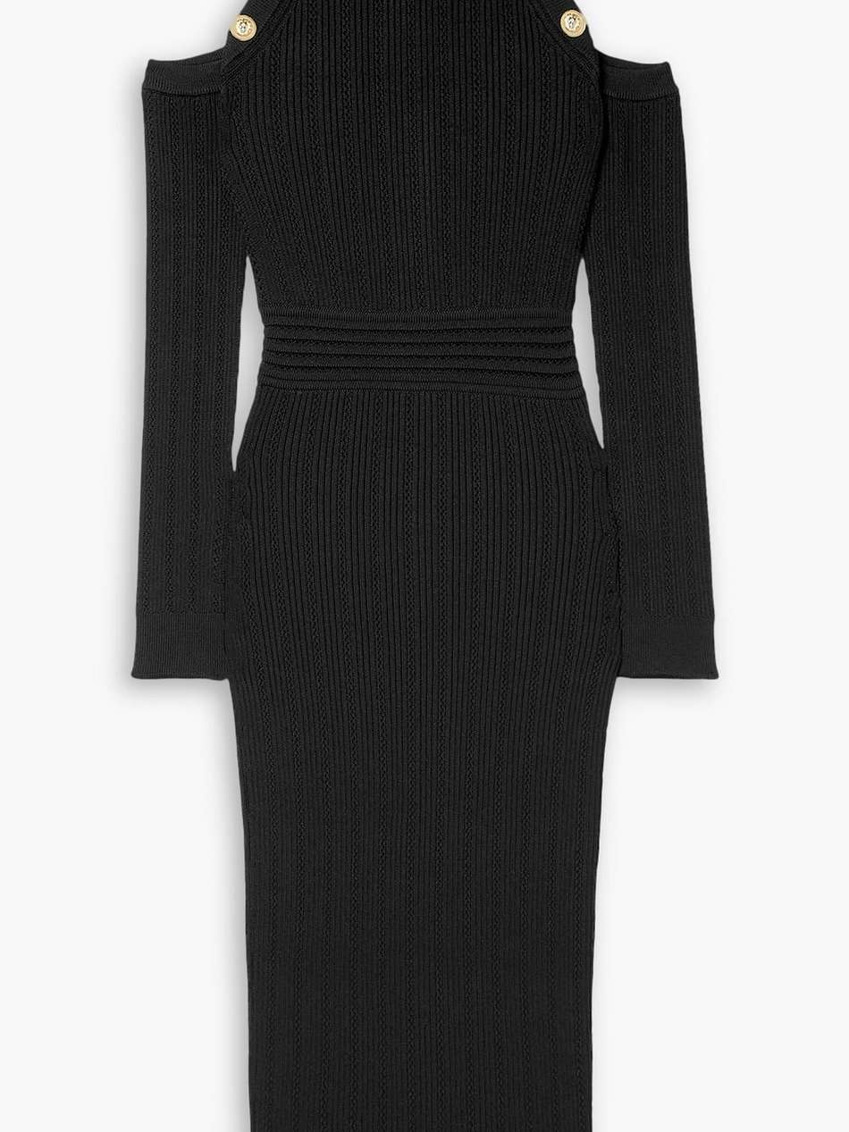 cold-shoulder embellished ribbed-knit midi dress
