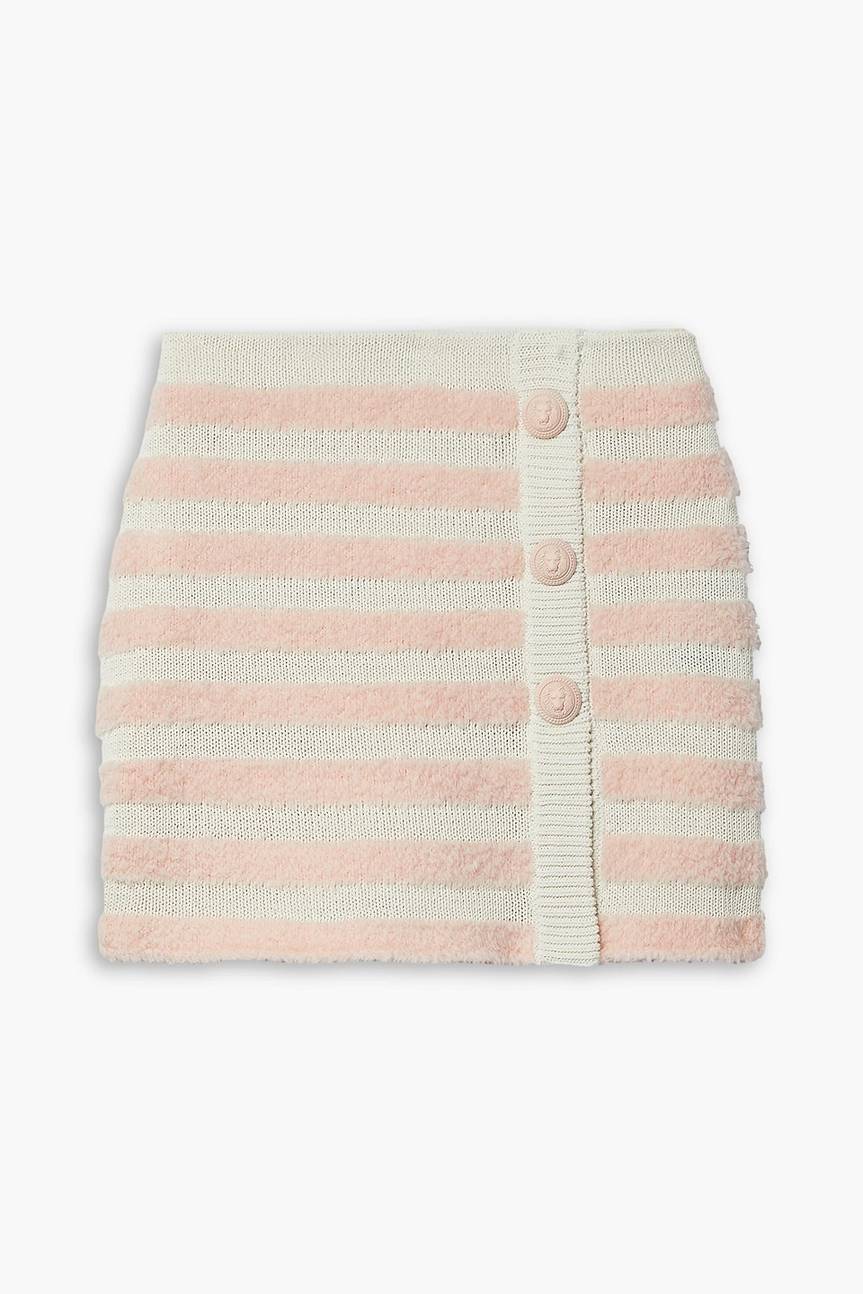Balmain Button-embellished Striped Knitted Mini Skirt In Baby-pink