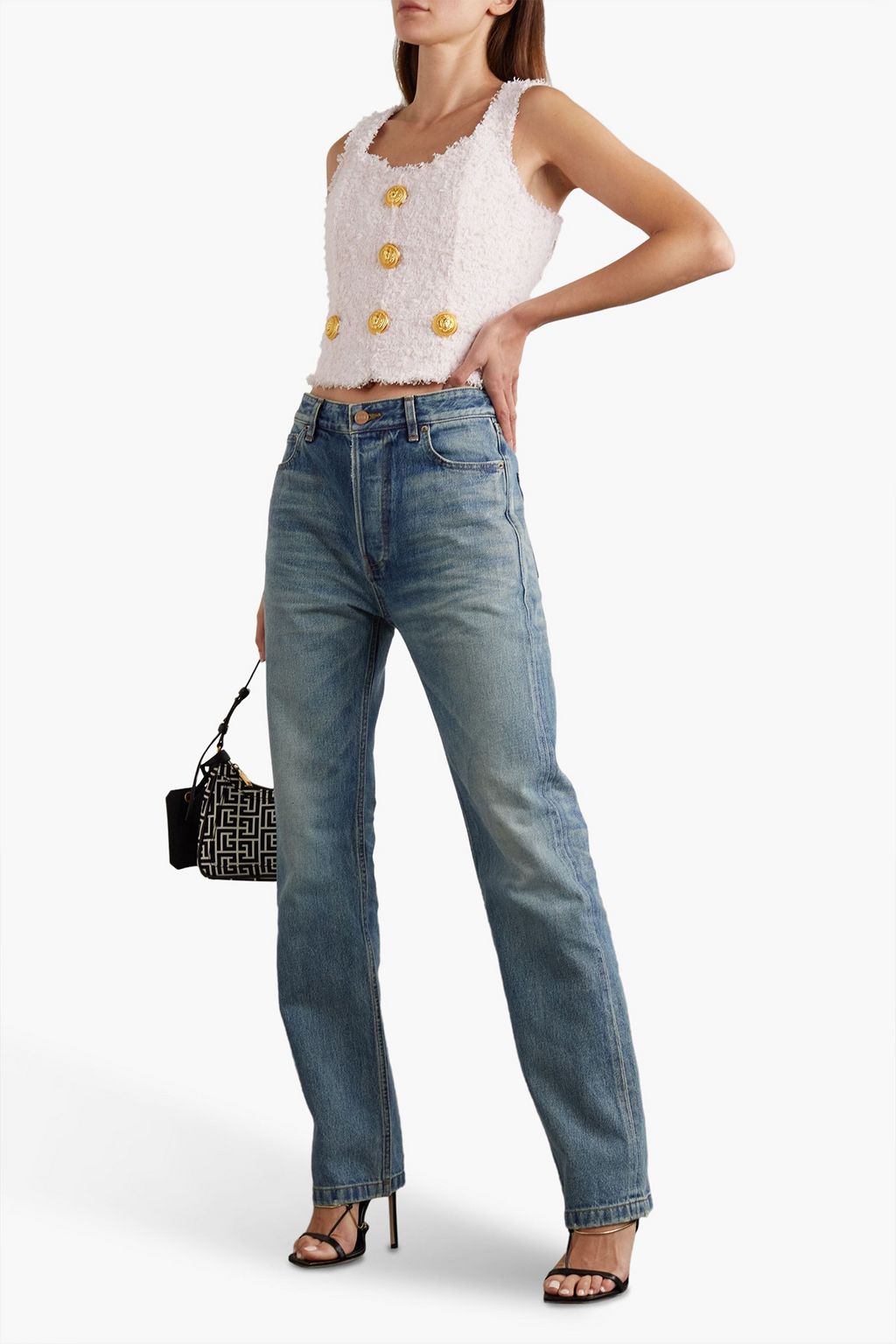 BALMAIN Button-embellished bouclé-tweed top