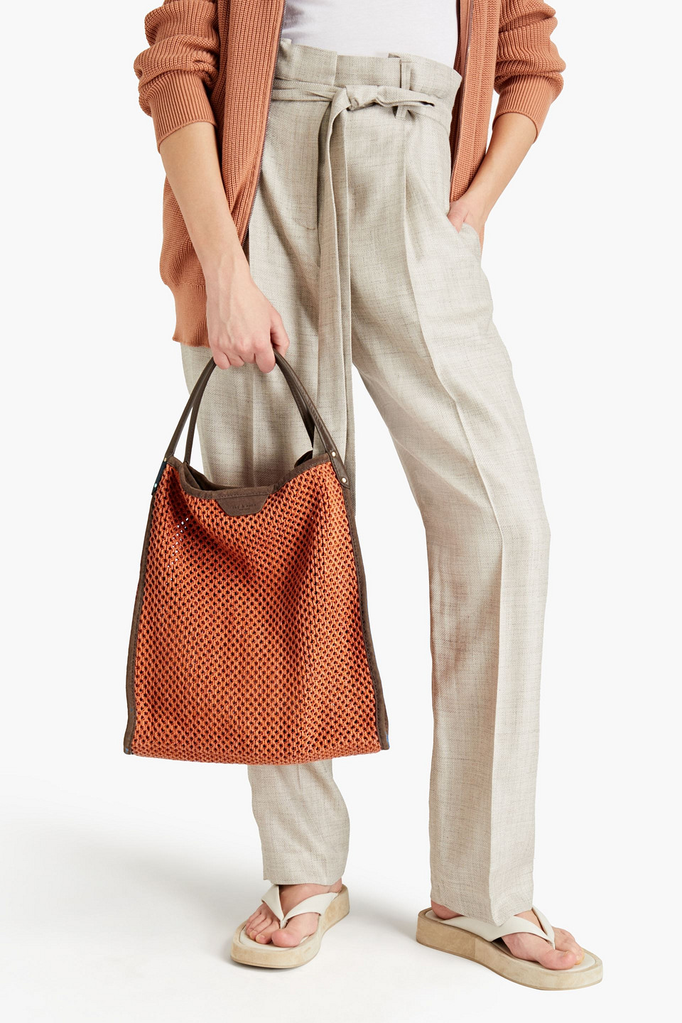 Rag & Bone Leather-trimmed Macramé Tote In Tan