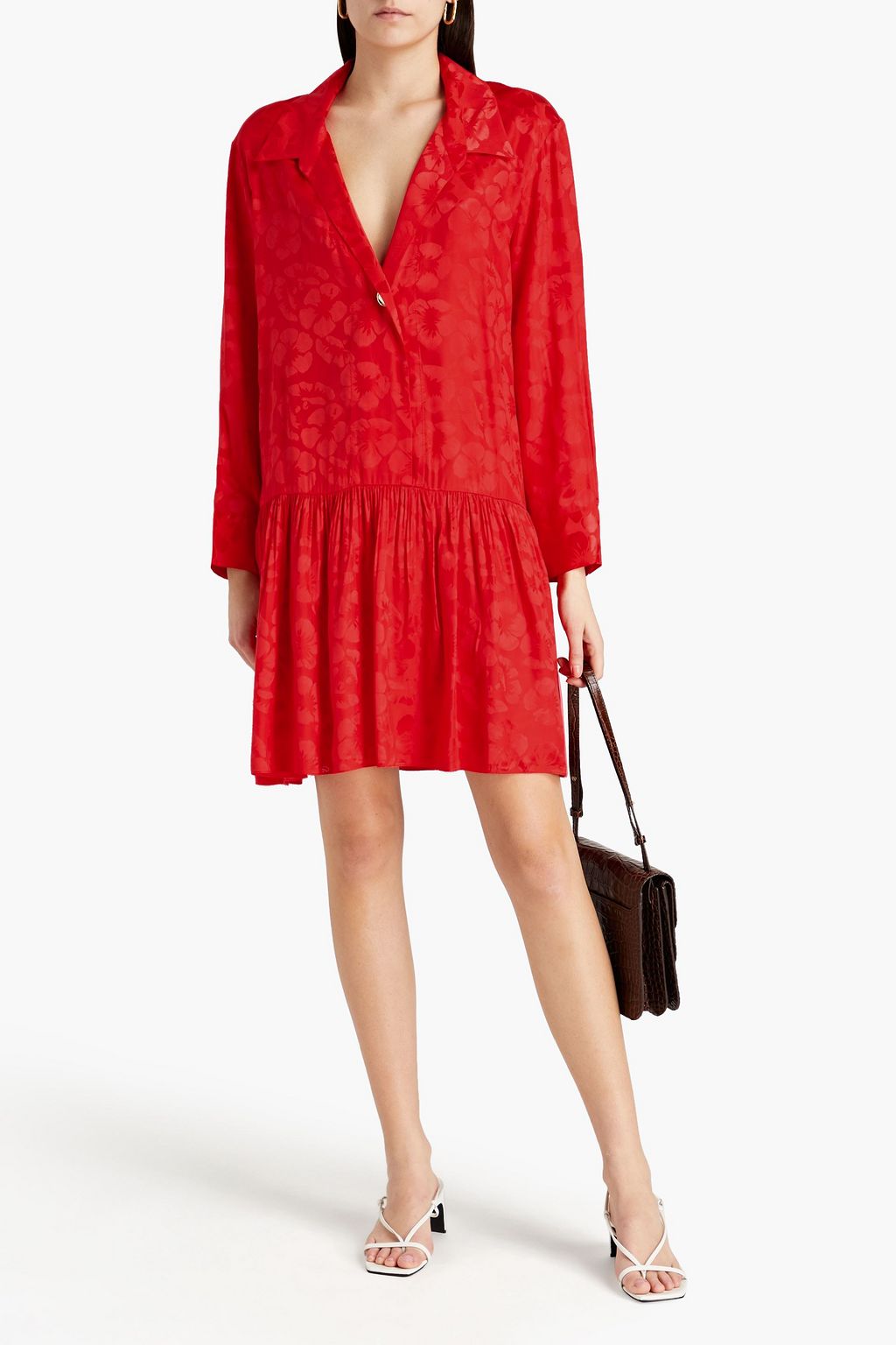 SANDRO Gathered silk-blend satin-jacquard mini dress