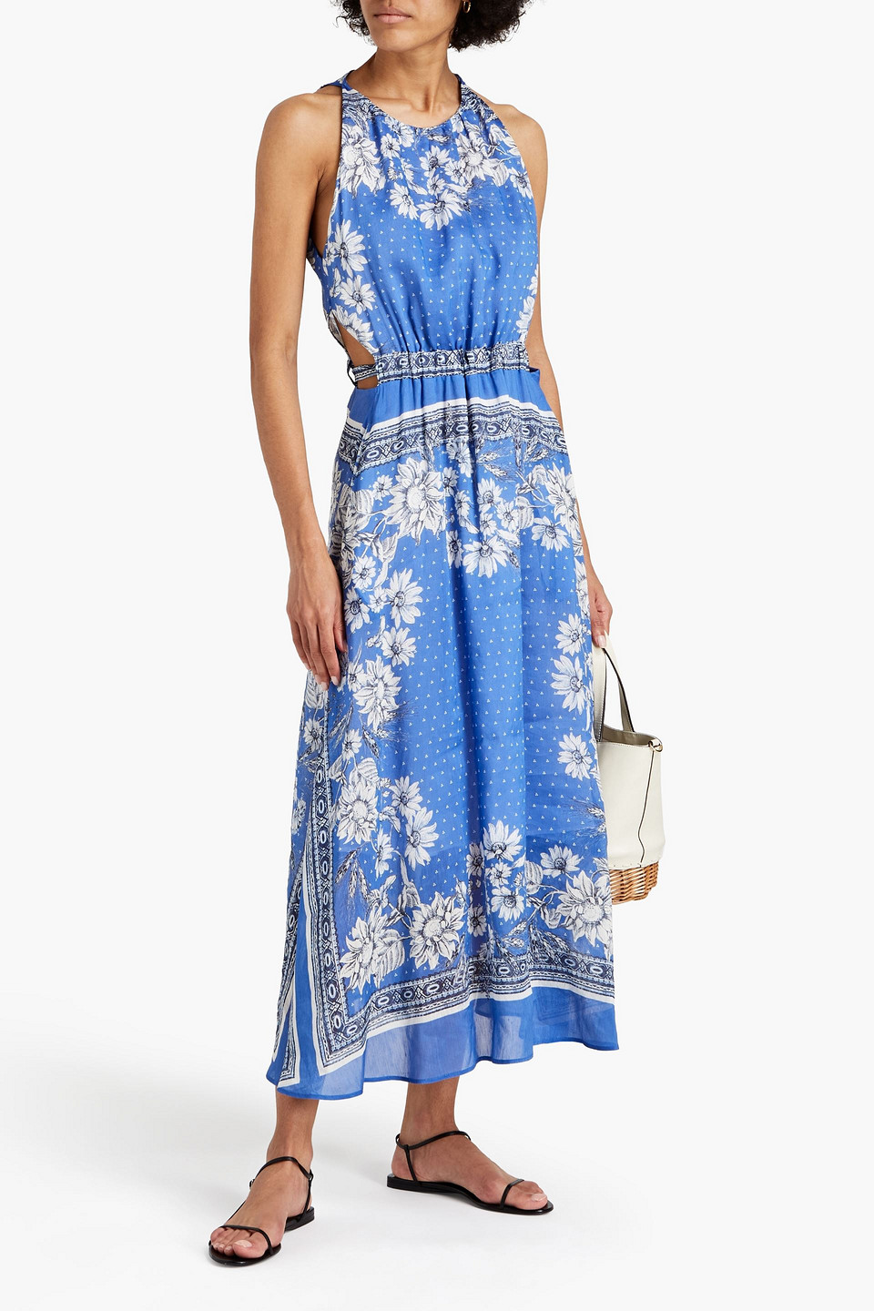 Sandro Elisa Floral-print Linen And Silk-blend Midi Dress In Blue