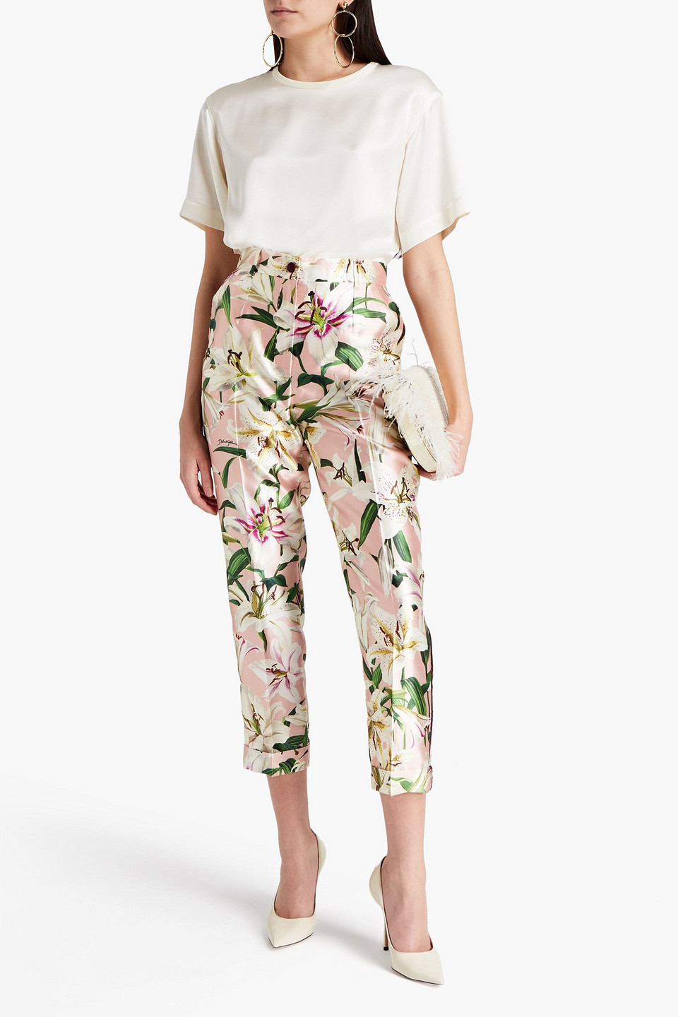 Dolce & Gabbana Cropped Floral-print Silk-blend Shantung Tapered Trousers In Pink