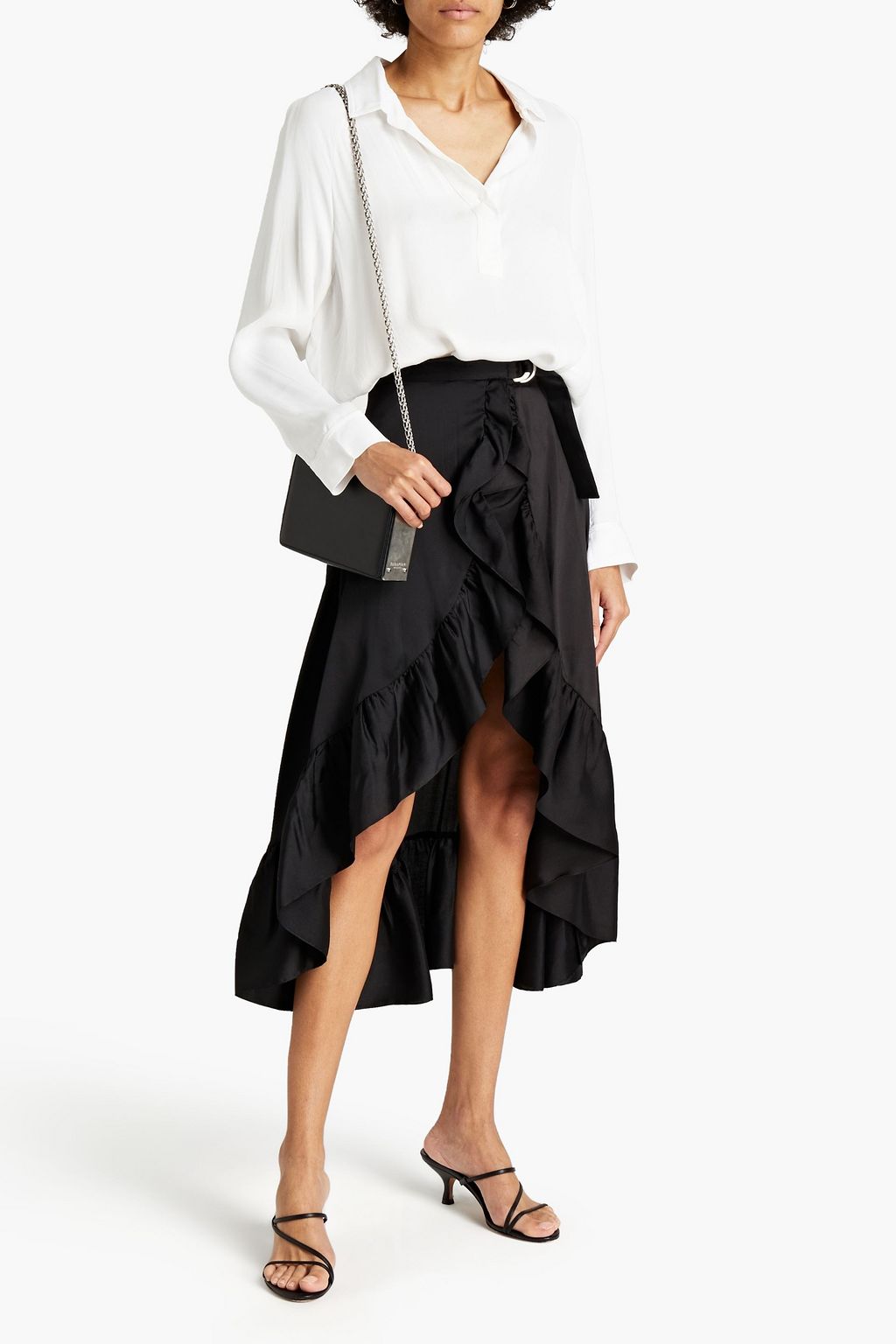 SANDRO Asymmetric ruffled satin-twill skirt