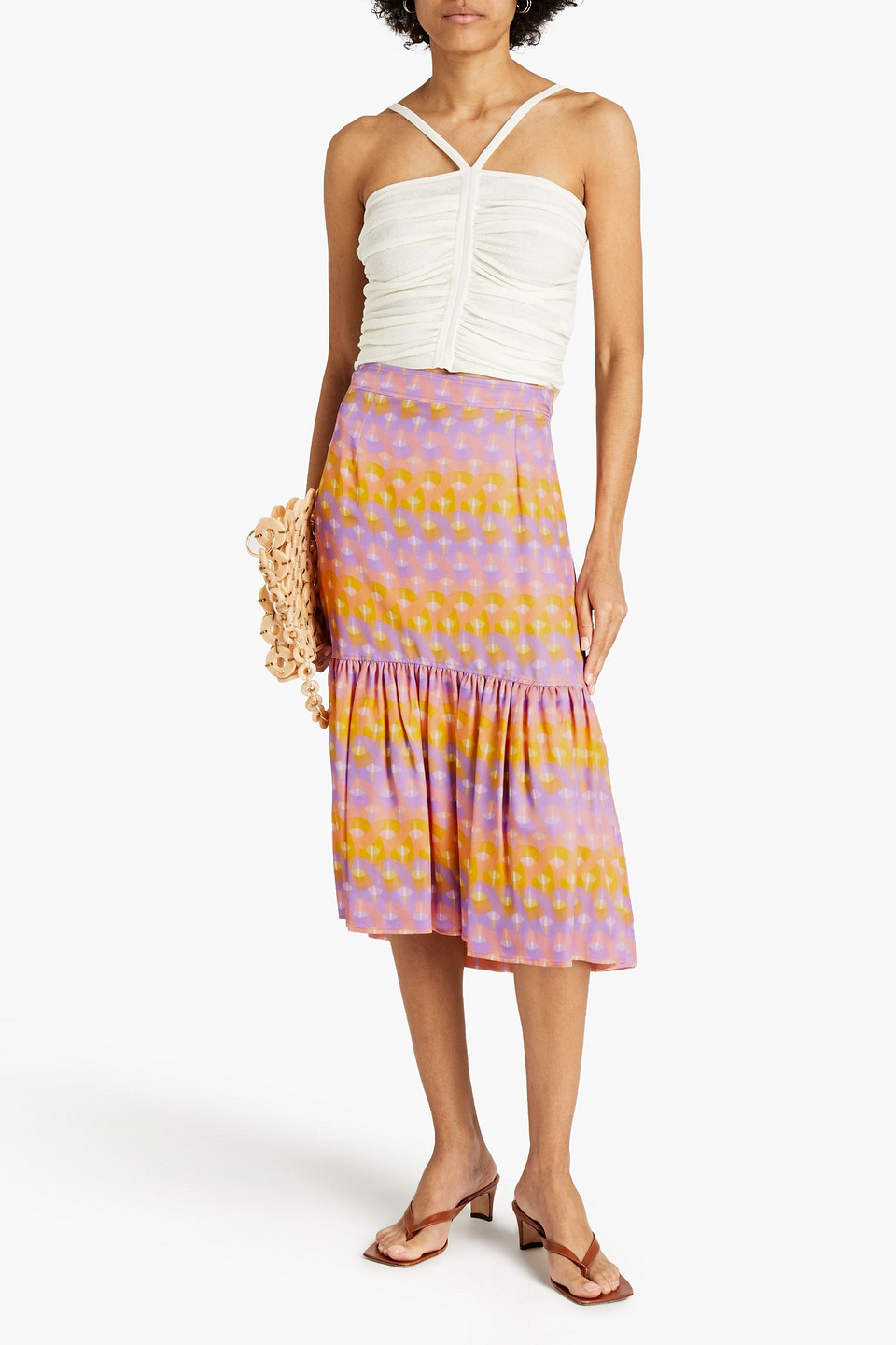 SANDRO EUGENIE PRINTED SATIN-TWILL MIDI SKIRT,3074457345629249202