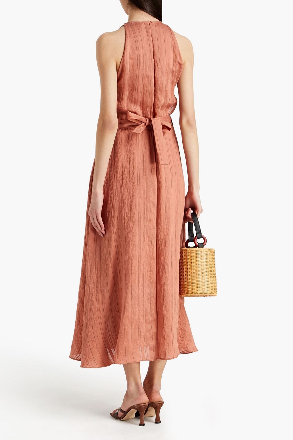 SANDRO Striped crinkled woven midi dress