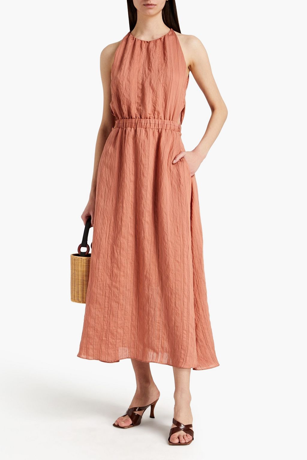 SANDRO Striped crinkled woven midi dress