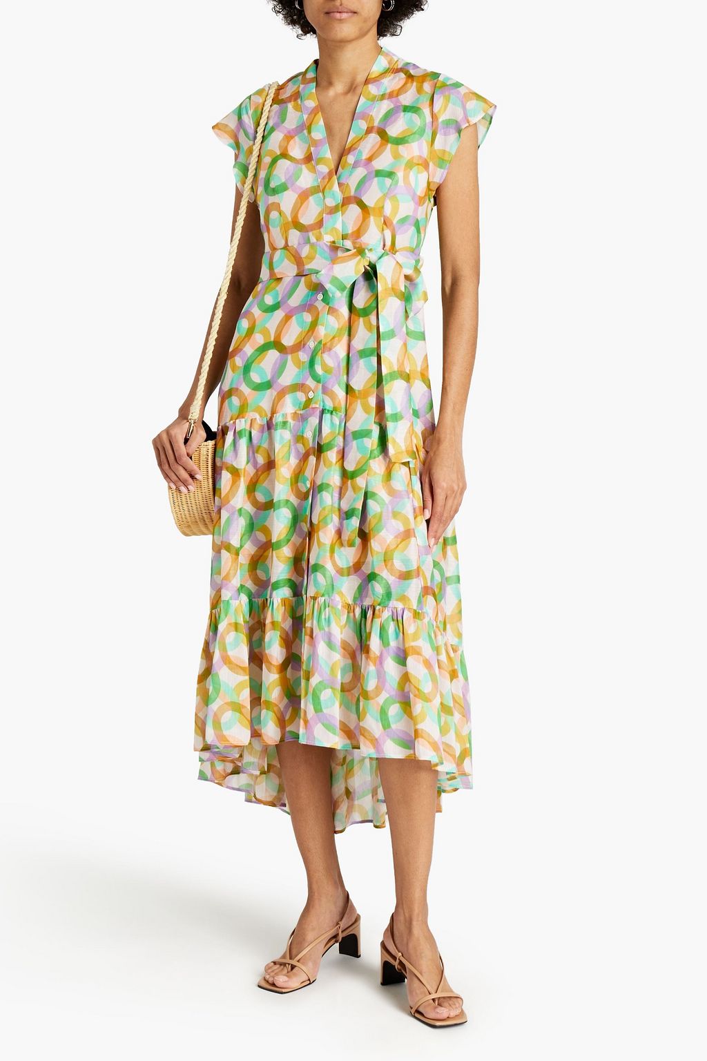 SANDRO Printed linen and silk-blend midi dress