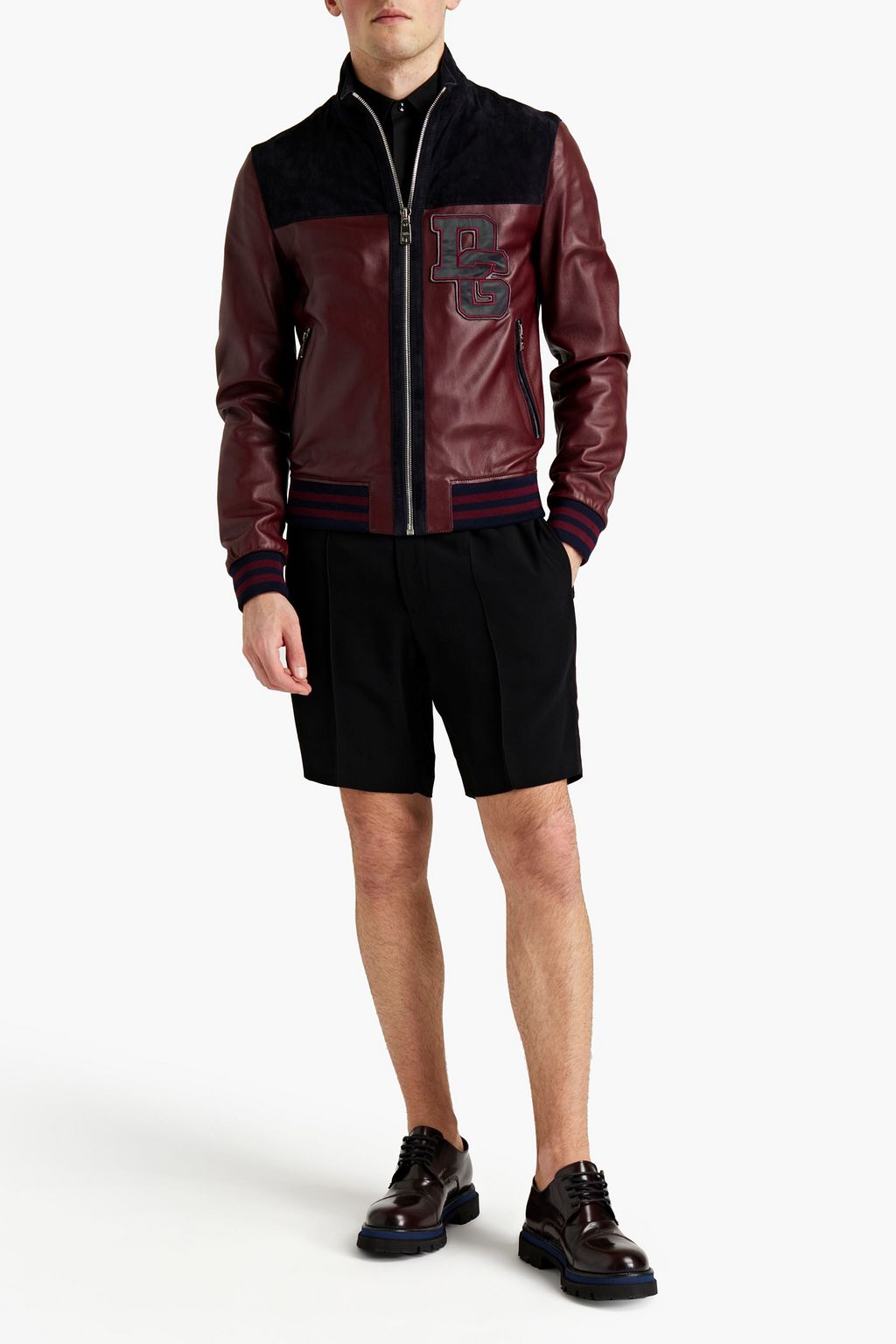 DOLCE&GABBANA Suede-paneled appliqued leather bomber jacket