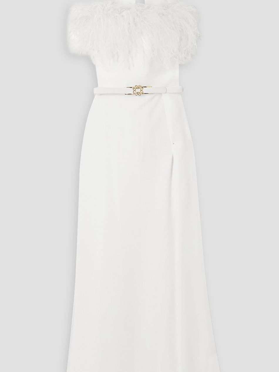 draped feather-trimmed crepe gown