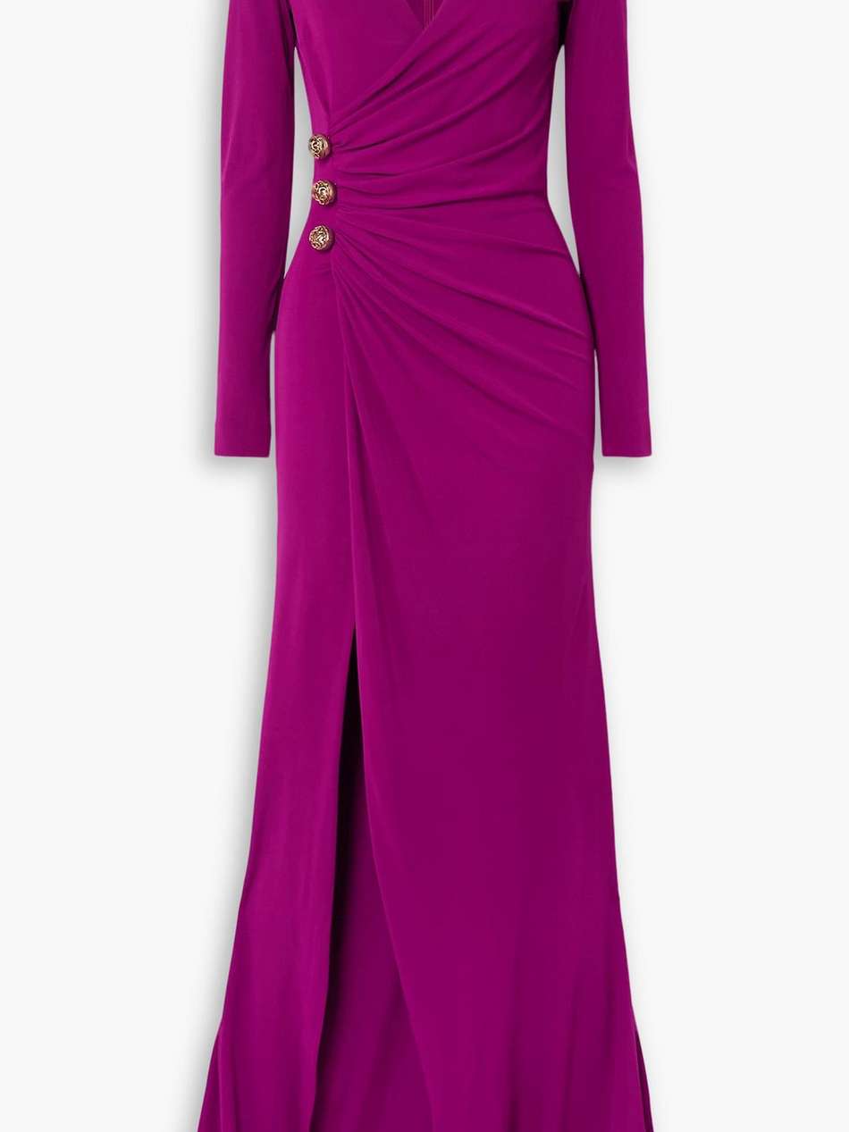 embellished gathered jersey gown