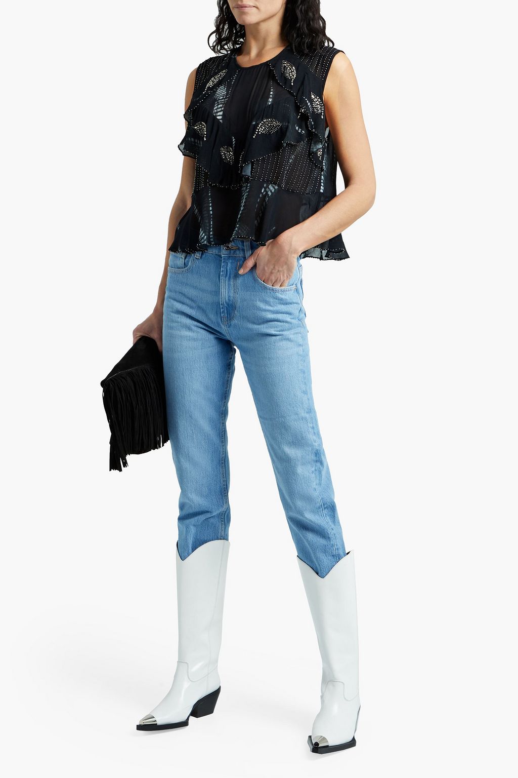 IRO Myosotis embellished ruffled printed chiffon top