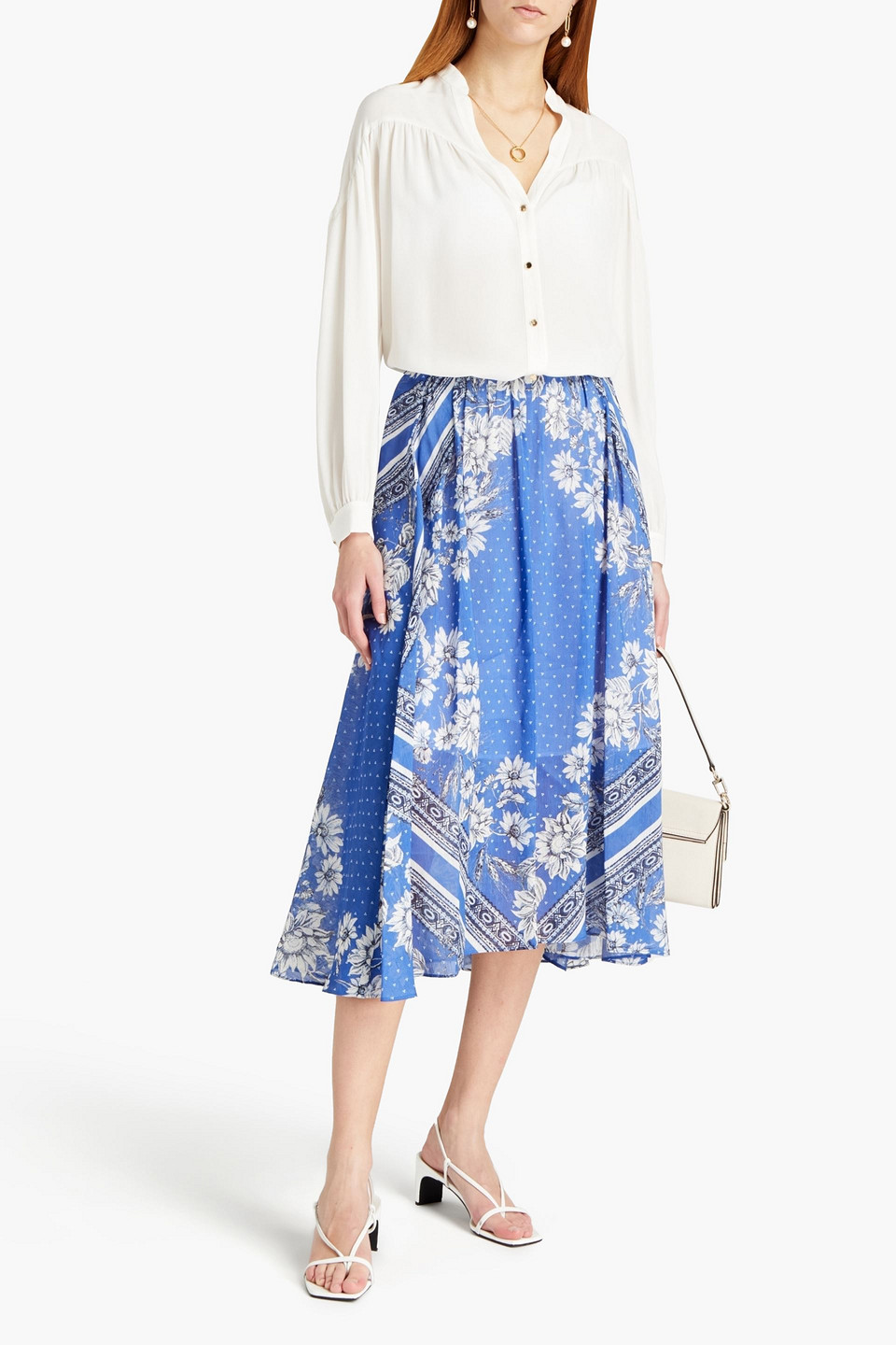 Sandro Leonor Printed Linen And Silk-blend Crepon Midi Skirt In Blue