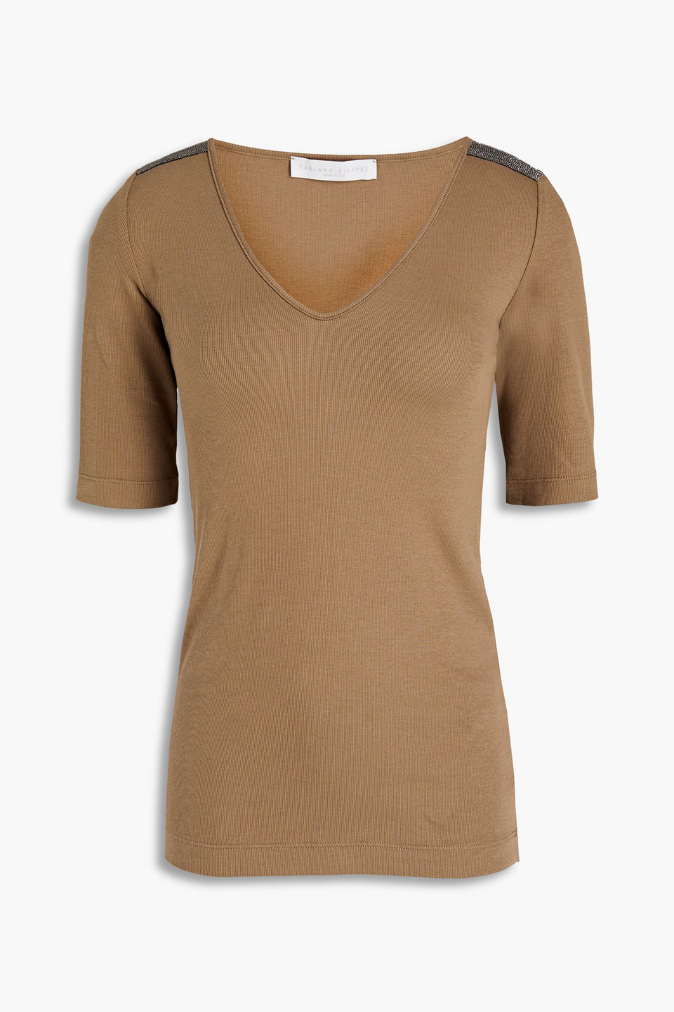 Fabiana Filippi Woman Bead-embellished Ribbed Cotton-blend Jersey Top Camel Size 42