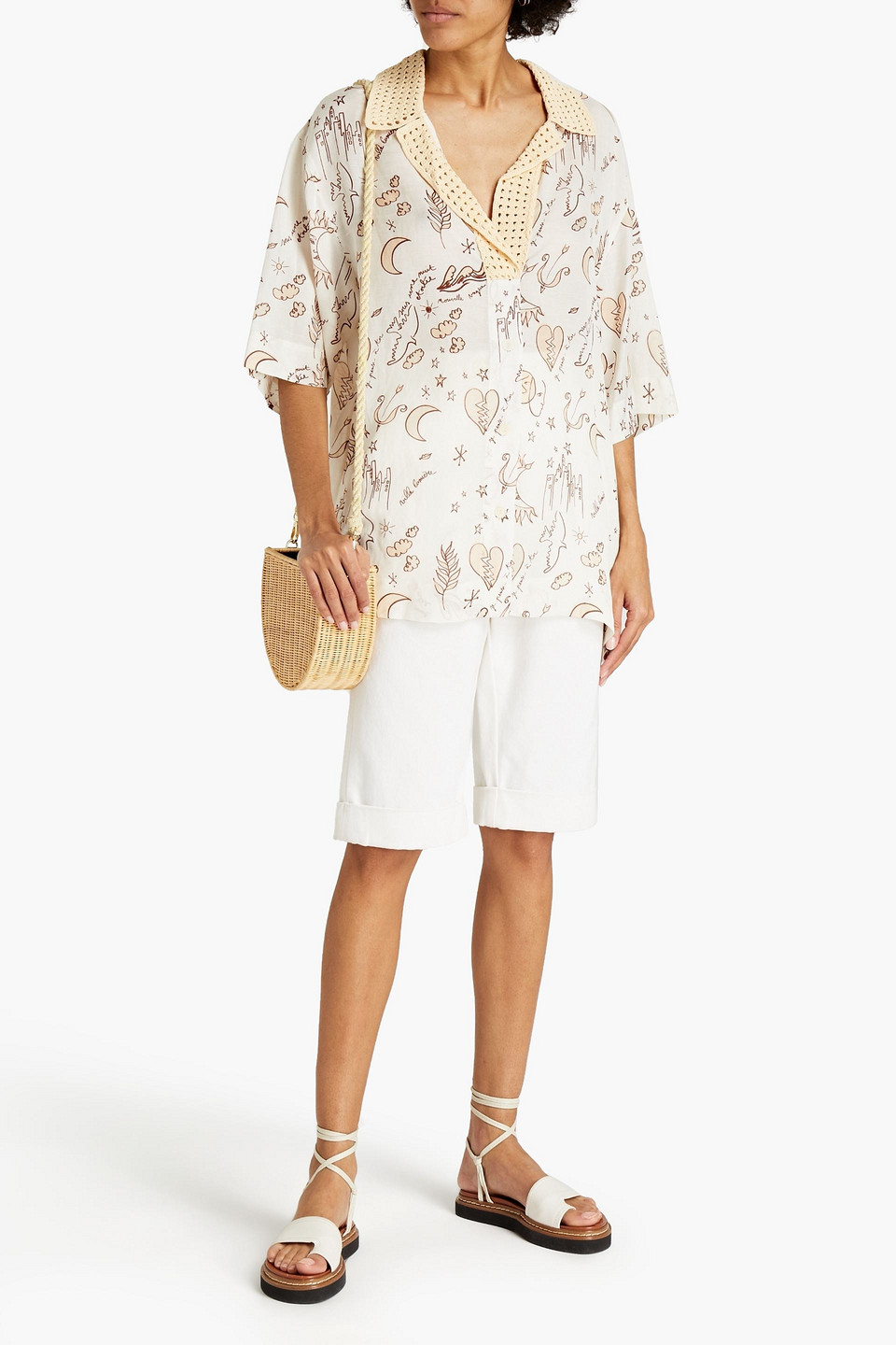 Sandro Nicole Crocheted Lace-trimmed Printed Woven Shirt In Multi