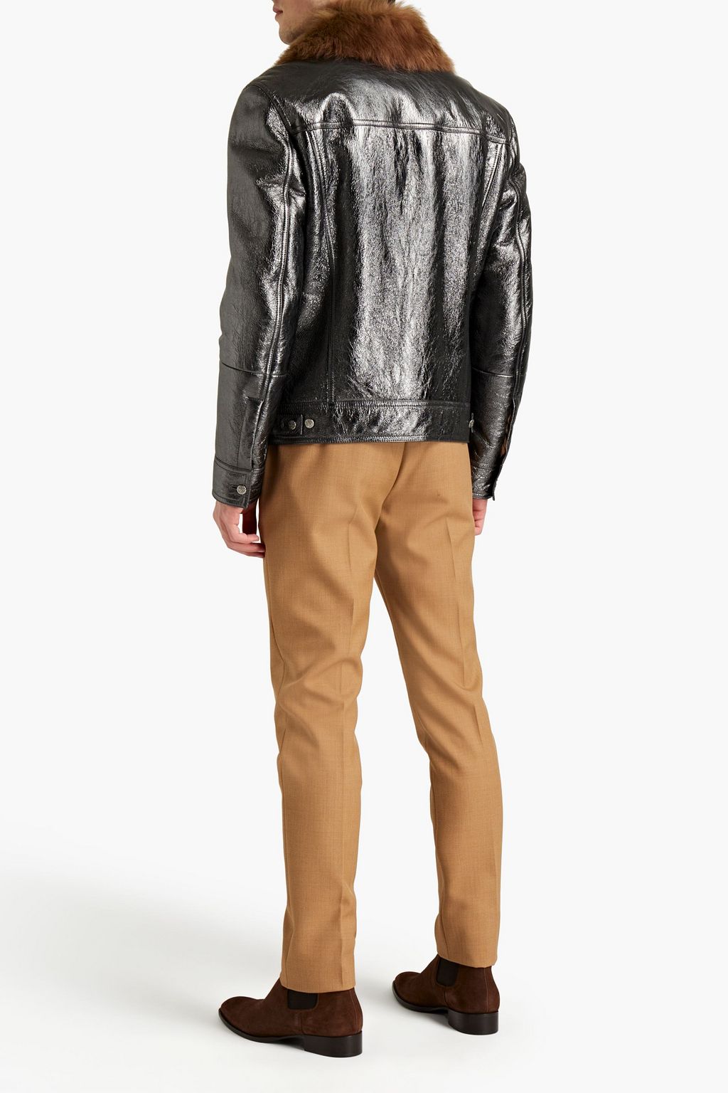 DOLCE&GABBANA Shearling-trimmed metallic textured-leather jacket