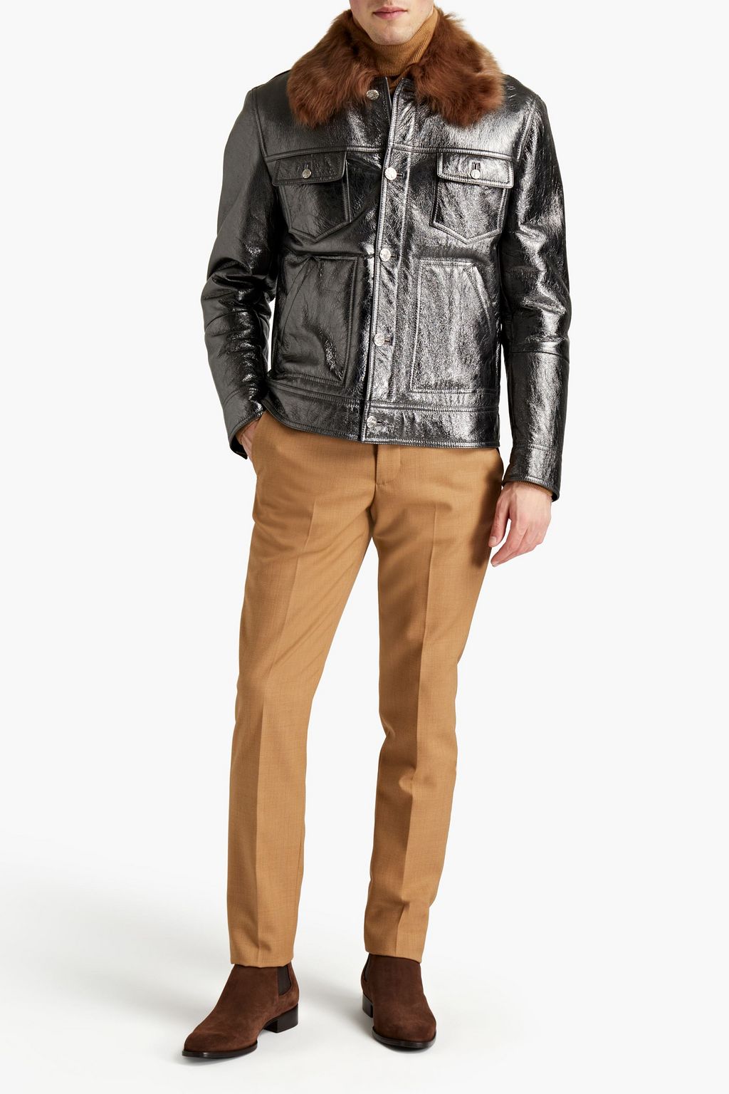 DOLCE&GABBANA Shearling-trimmed metallic textured-leather jacket