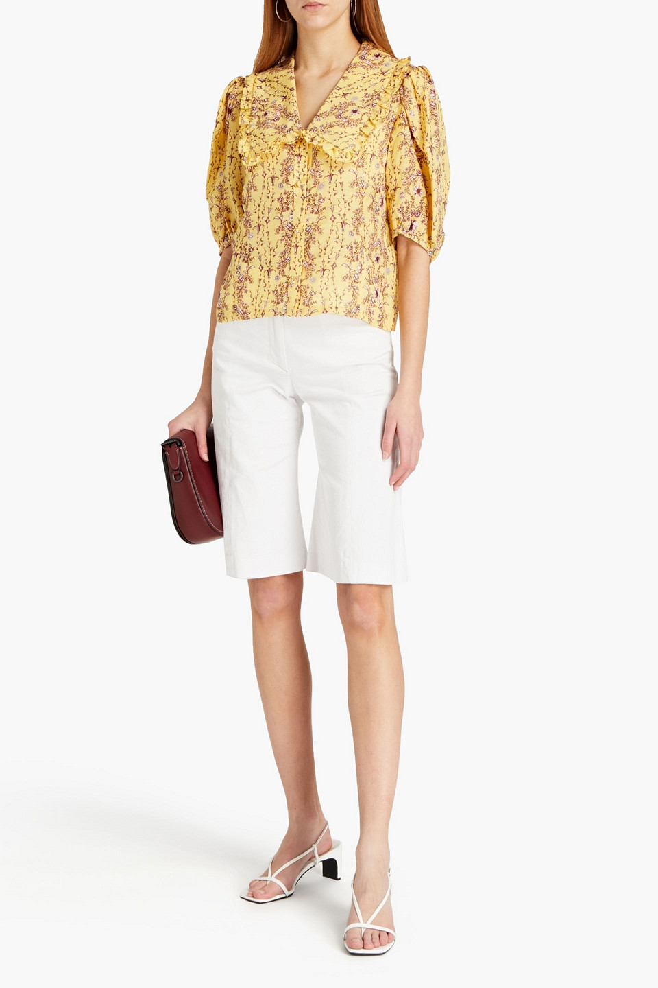 Sandro Martha Ruffle-trimmed Printed Woven Shirt In Yellow