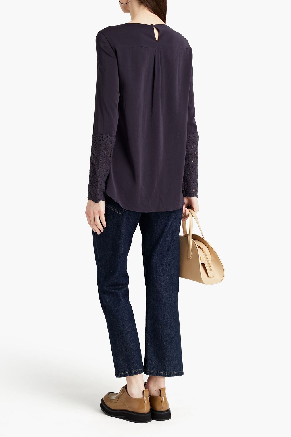 BRUNELLO CUCINELLI Crochet-trimmed silk-blend crepe de chine top