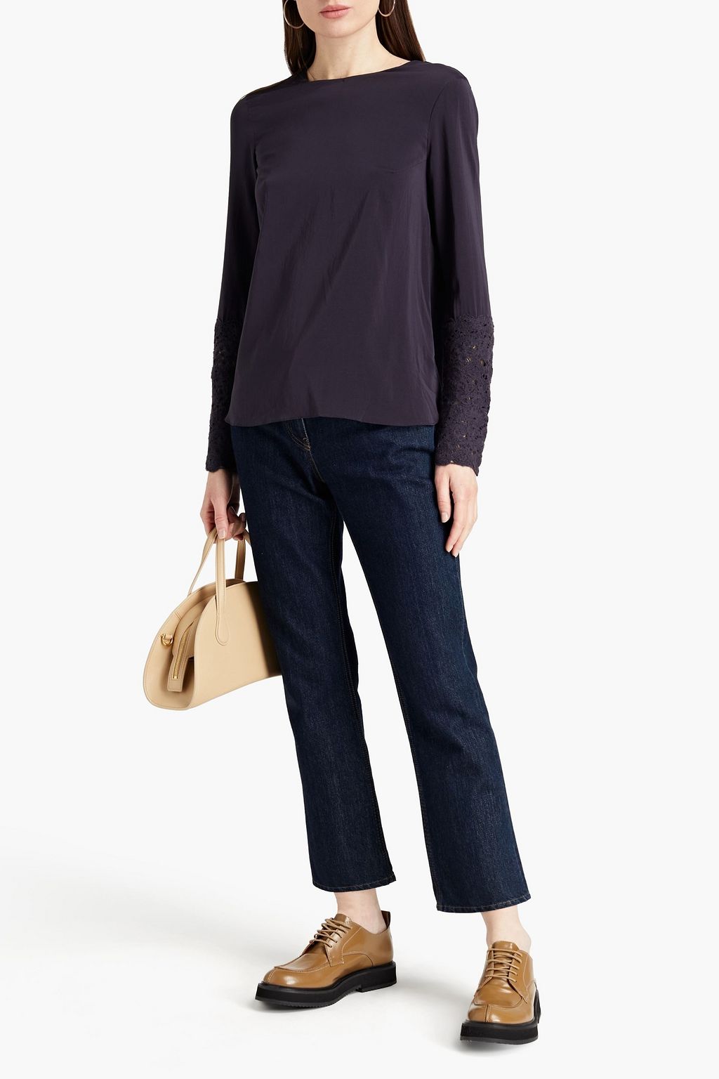 BRUNELLO CUCINELLI Crochet-trimmed silk-blend crepe de chine top