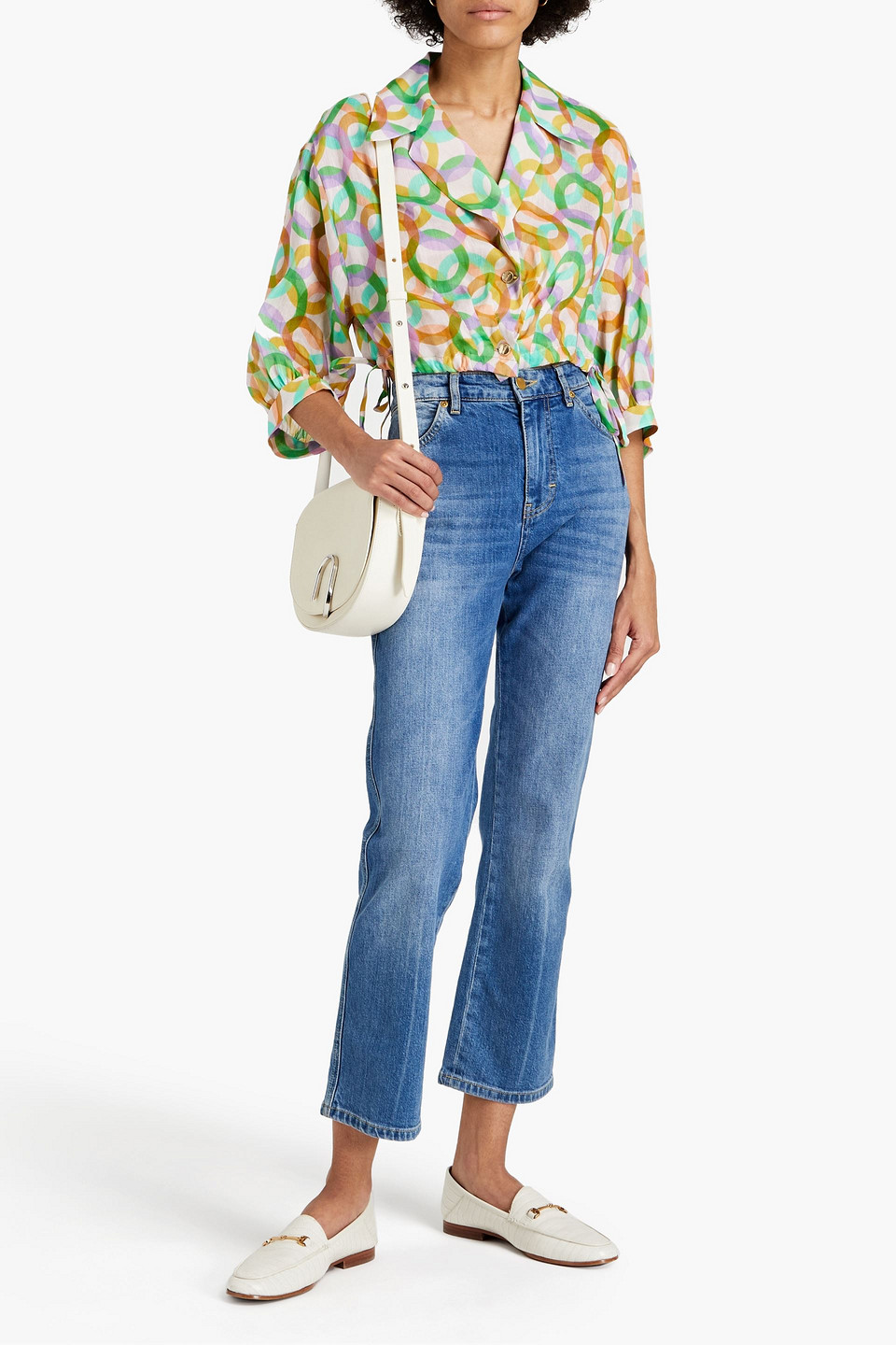 Sandro Philippine Cropped Printed Linen And Silk-blend Crepon Shirt In White