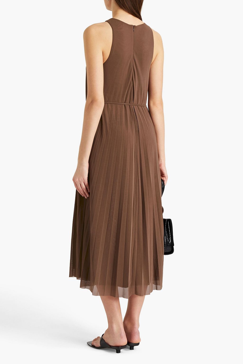 VINCE. Belted pleated mesh midi dress