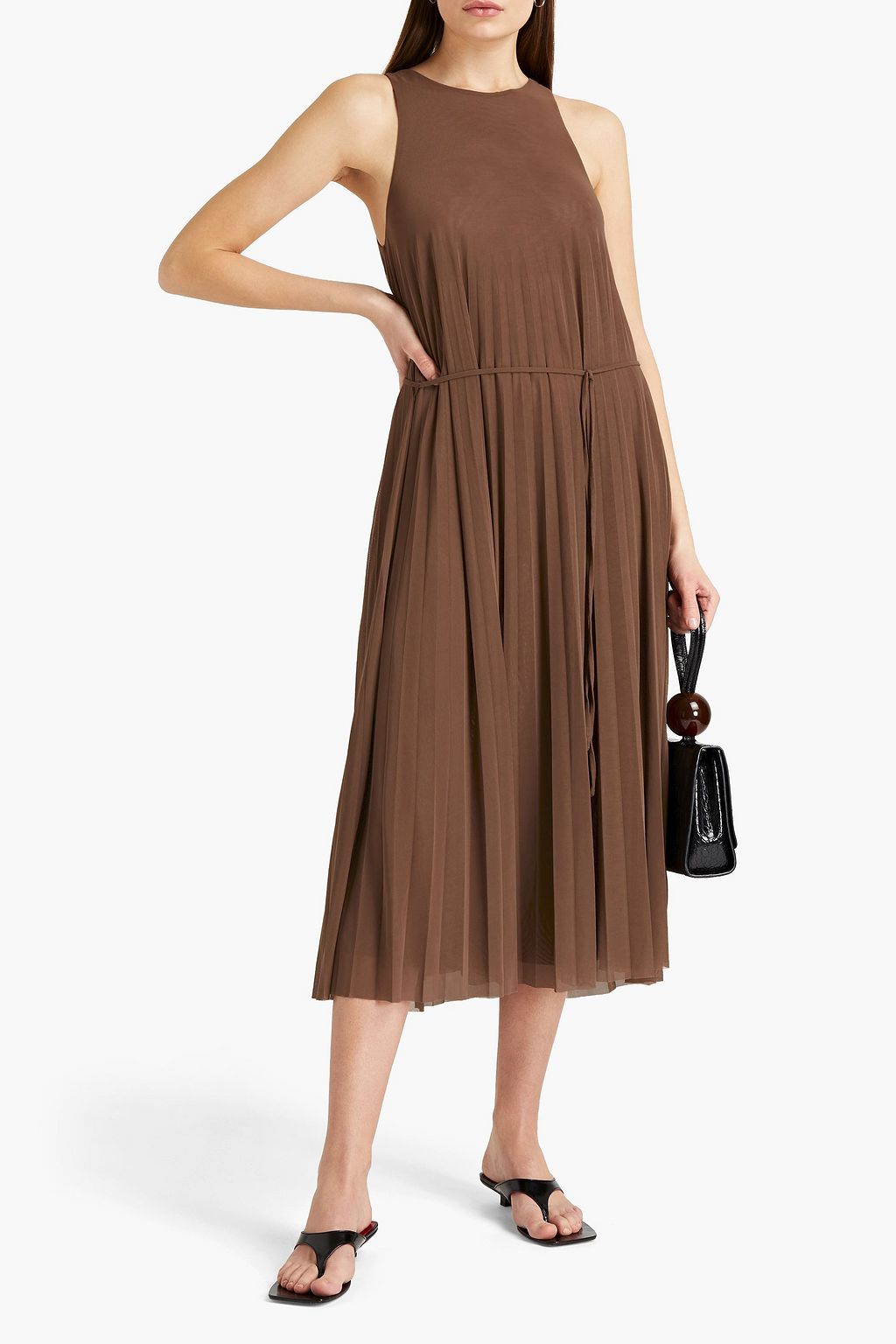 VINCE. Belted pleated mesh midi dress