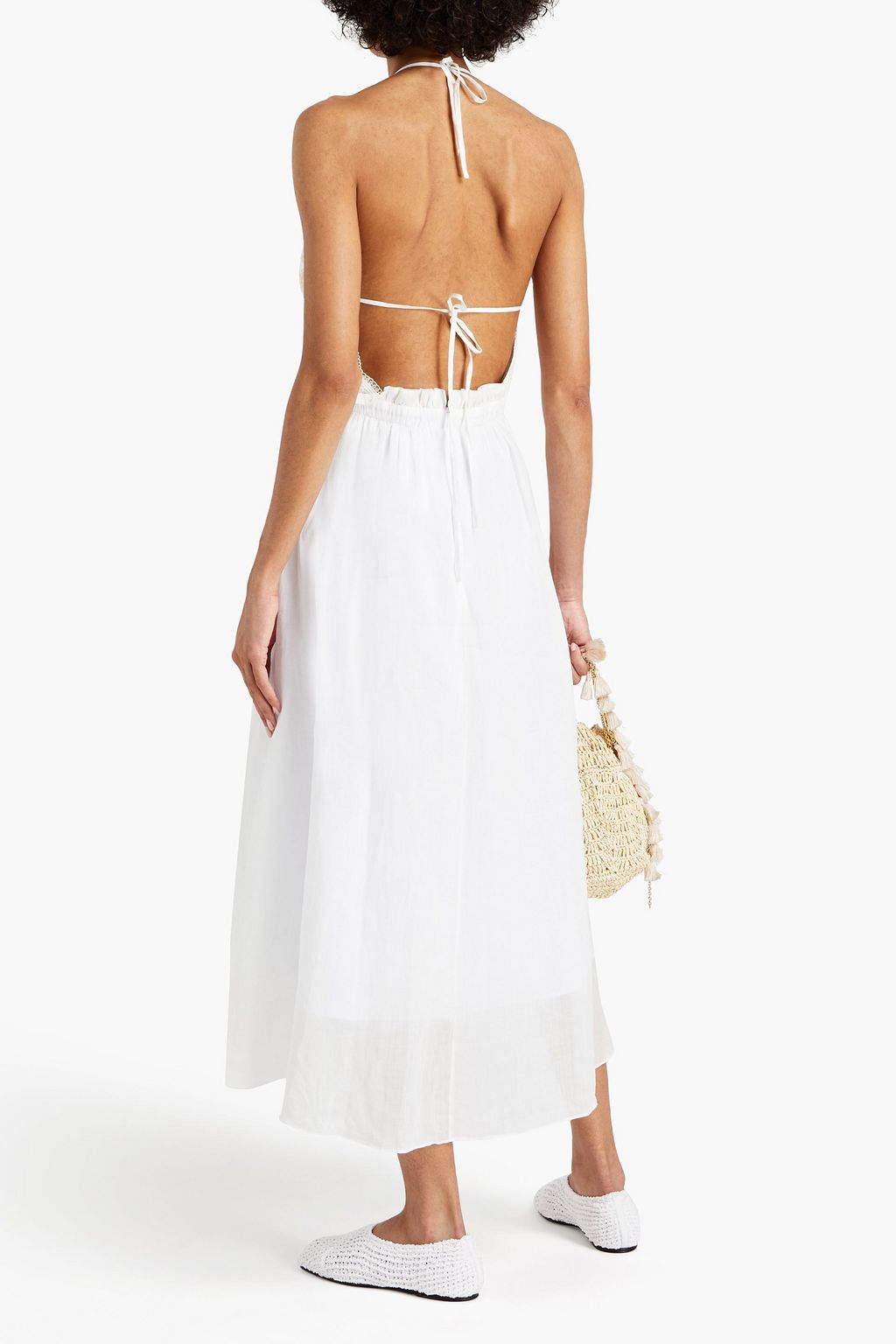 SANDRO Crocheted lace-trimmed ramie midi dress