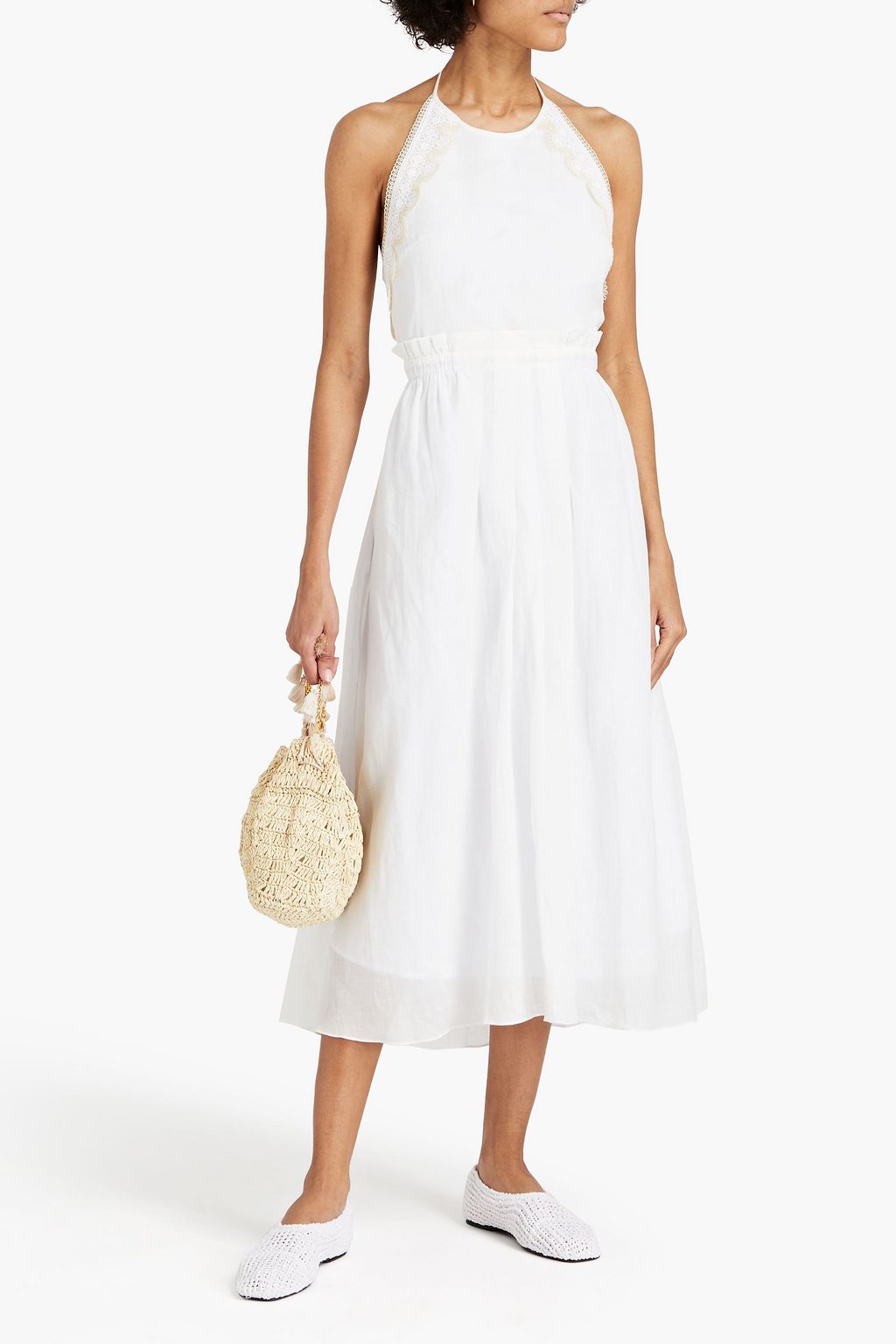 SANDRO Crocheted lace-trimmed ramie midi dress
